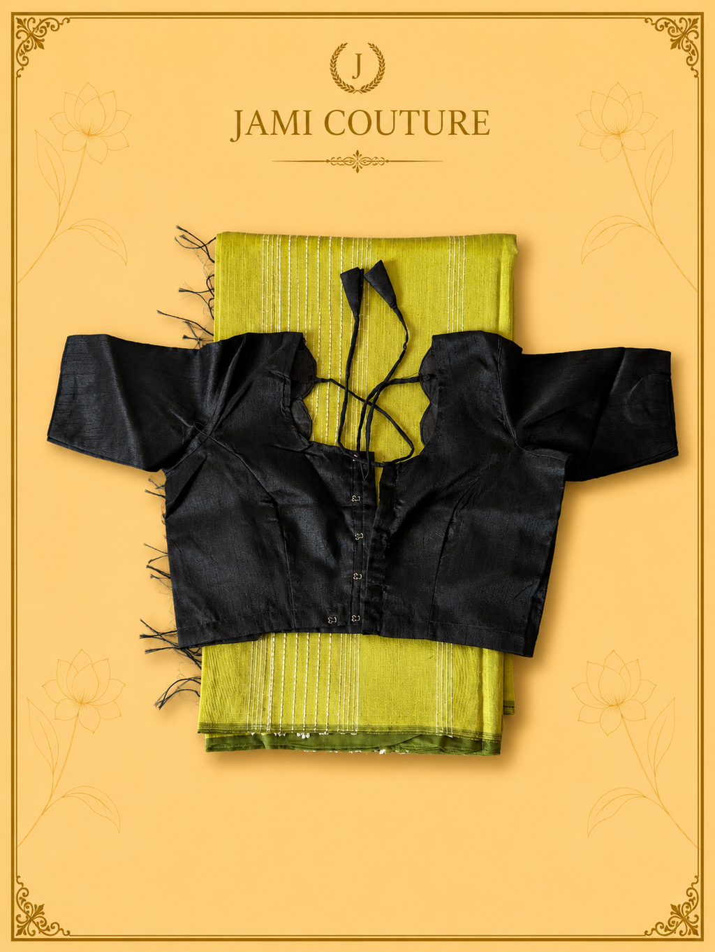 Lime Green & Black Color-Block Party Wear Silk Saree with Fringe Tassels | Contrast Black Blouse