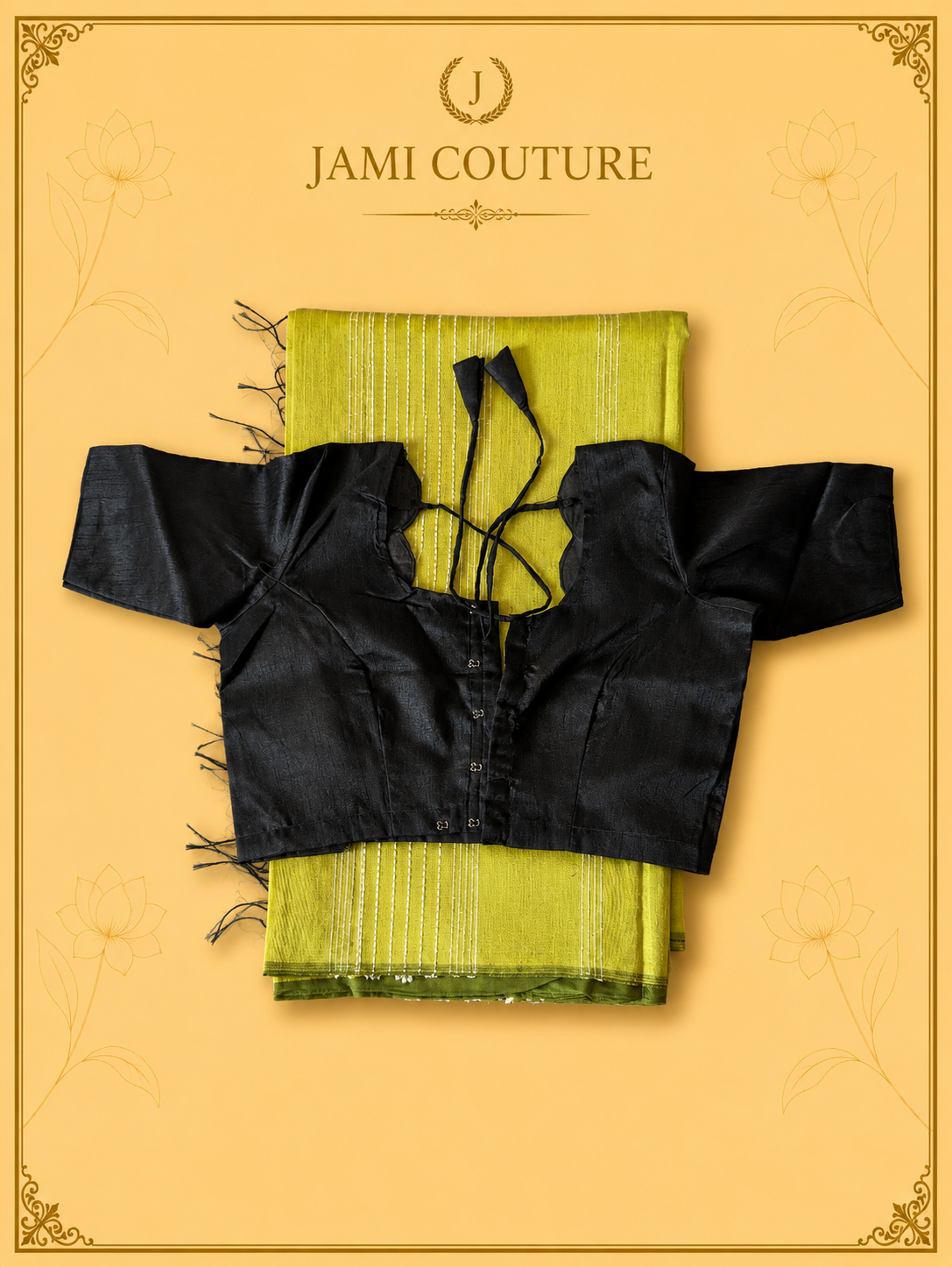 Lime Green & Black Color-Block Party Wear Silk Saree with Fringe Tassels | Contrast Black Blouse