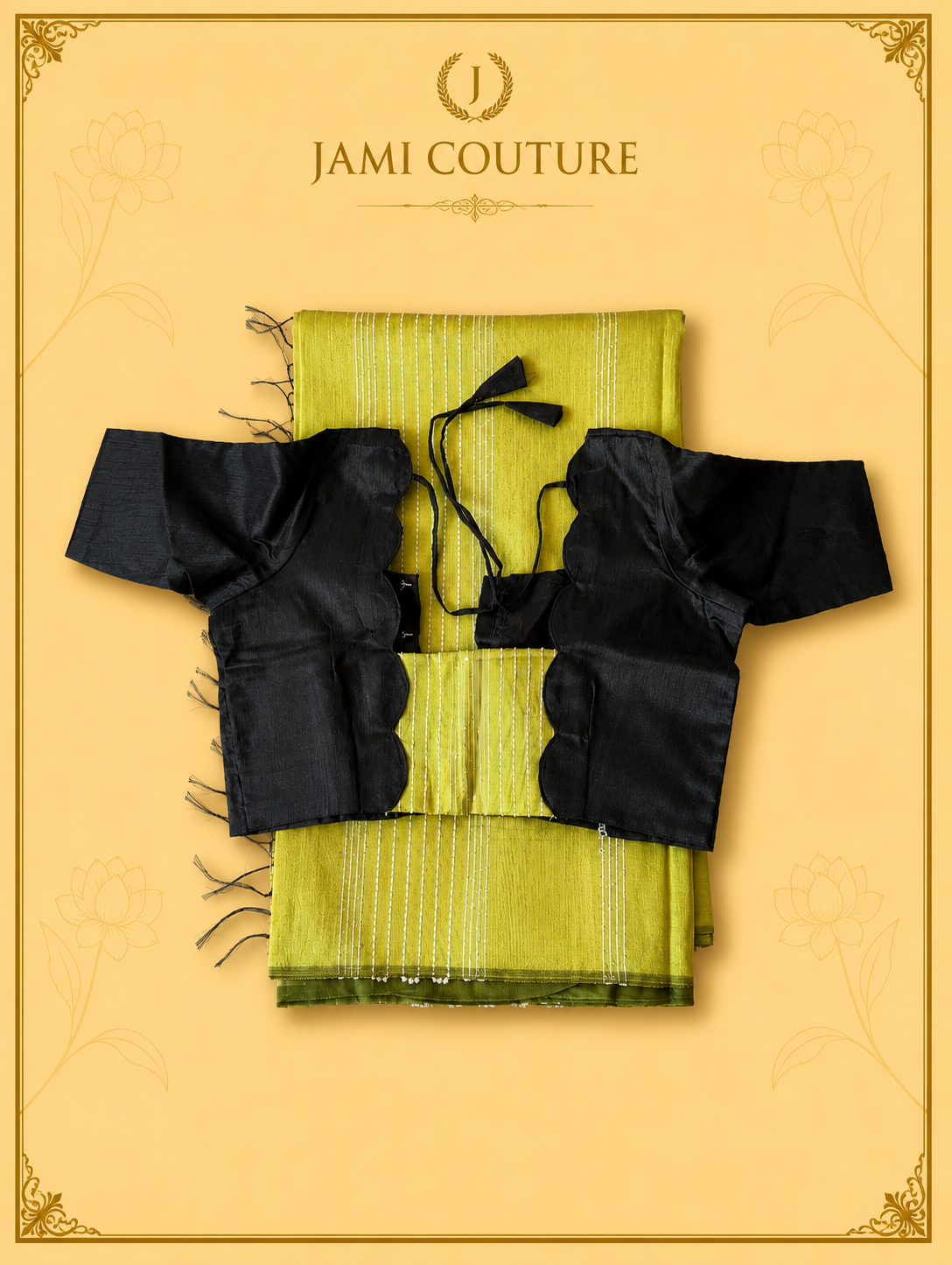Lime Green & Black Color-Block Party Wear Silk Saree with Fringe Tassels | Contrast Black Blouse