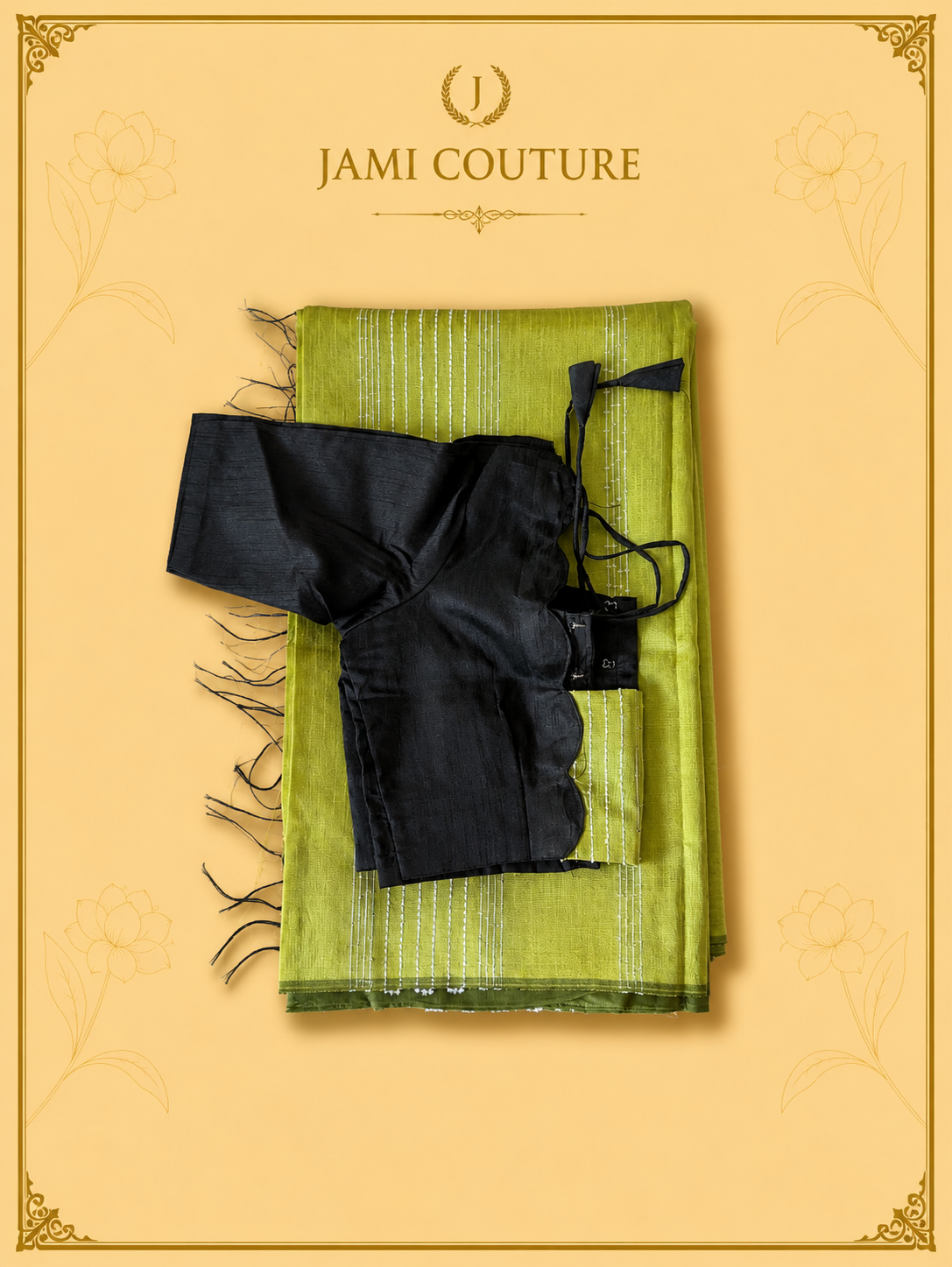 Lime Green & Black Color-Block Party Wear Silk Saree with Fringe Tassels | Contrast Black Blouse