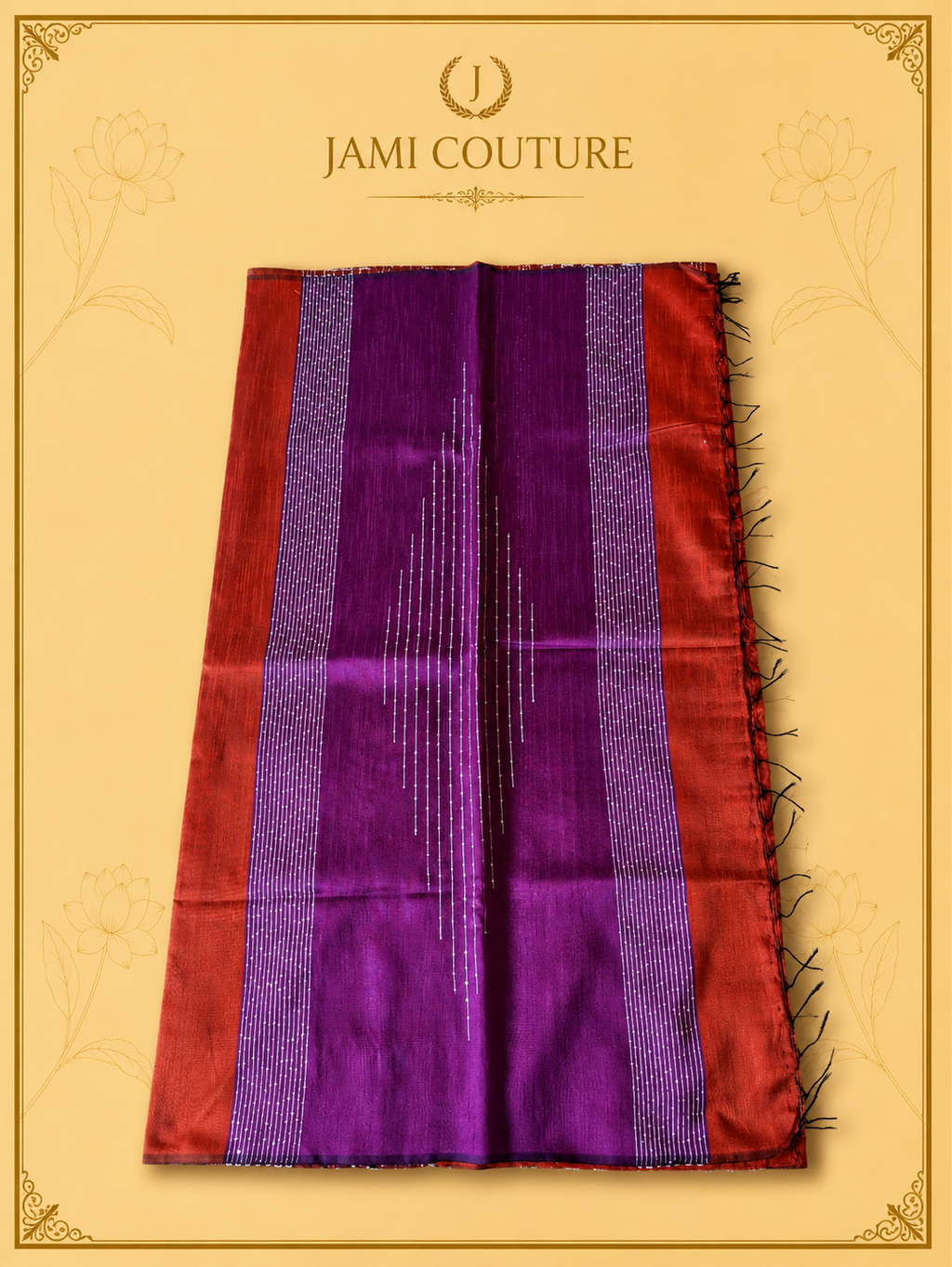Purple & Rust Color-Block Party Wear Silk Saree with Fringe Tassels | Matching Purple Blouse