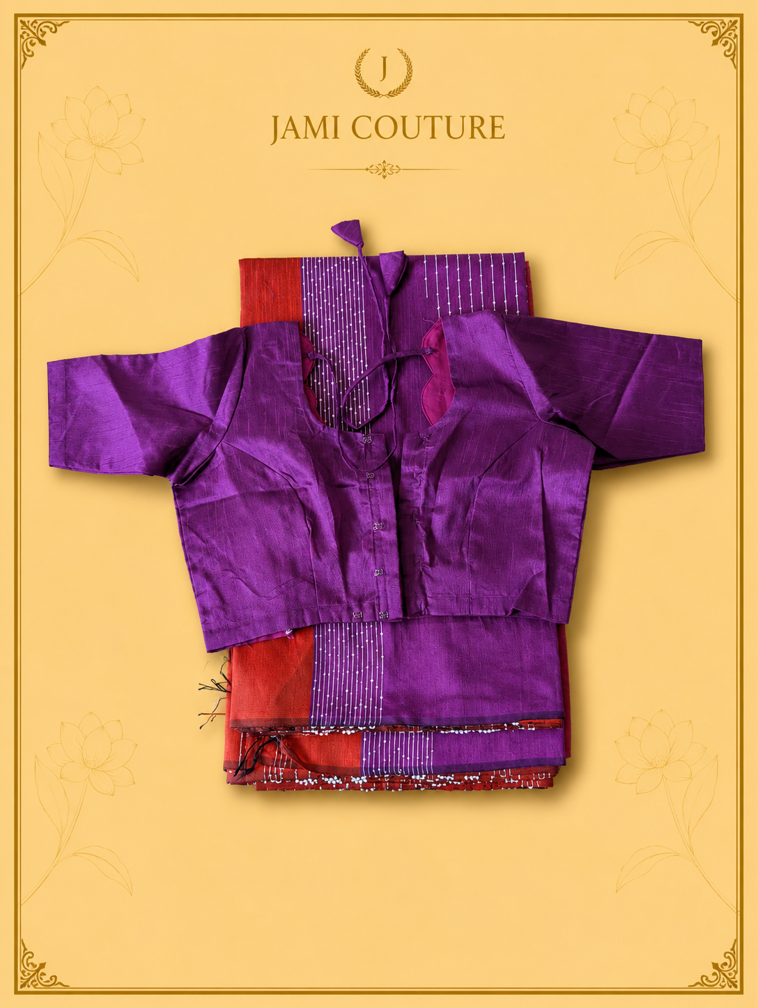 Purple & Rust Color-Block Party Wear Silk Saree with Fringe Tassels | Matching Purple Blouse