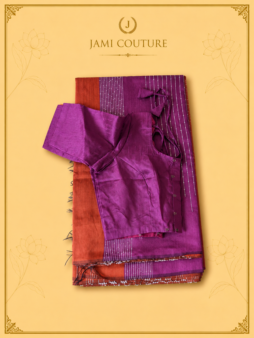 Purple & Rust Color-Block Party Wear Silk Saree with Fringe Tassels | Matching Purple Blouse