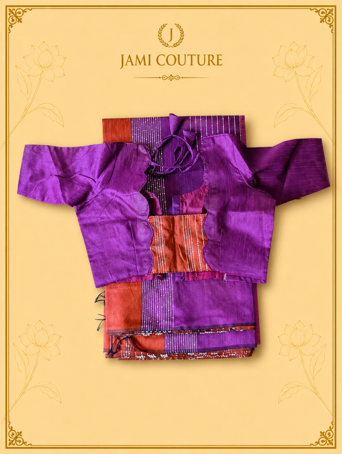 Purple & Rust Color-Block Party Wear Silk Saree with Fringe Tassels | Matching Purple Blouse