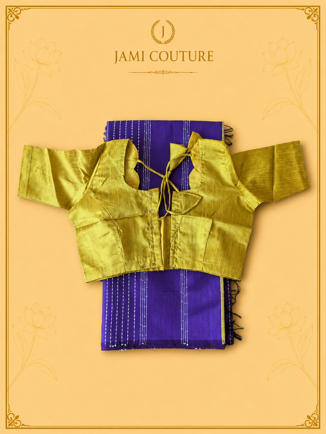 Royal Purple & Mustard Color-Block Party Wear Silk Saree with Fringe Tassels | Matching Mustard Blouse
