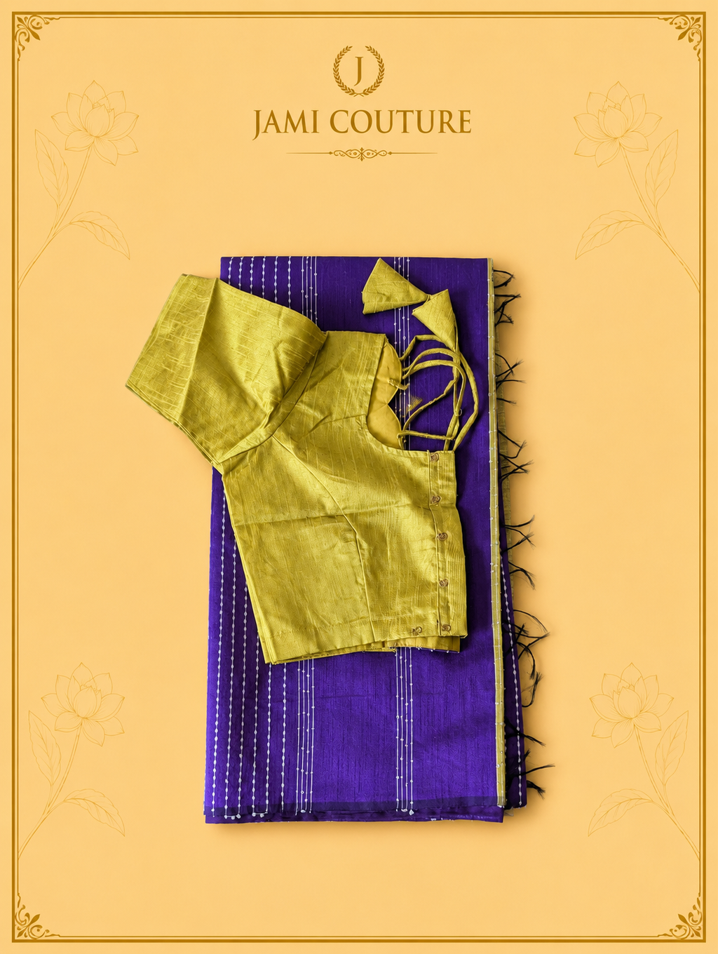 Royal Purple & Mustard Color-Block Party Wear Silk Saree with Fringe Tassels | Matching Mustard Blouse