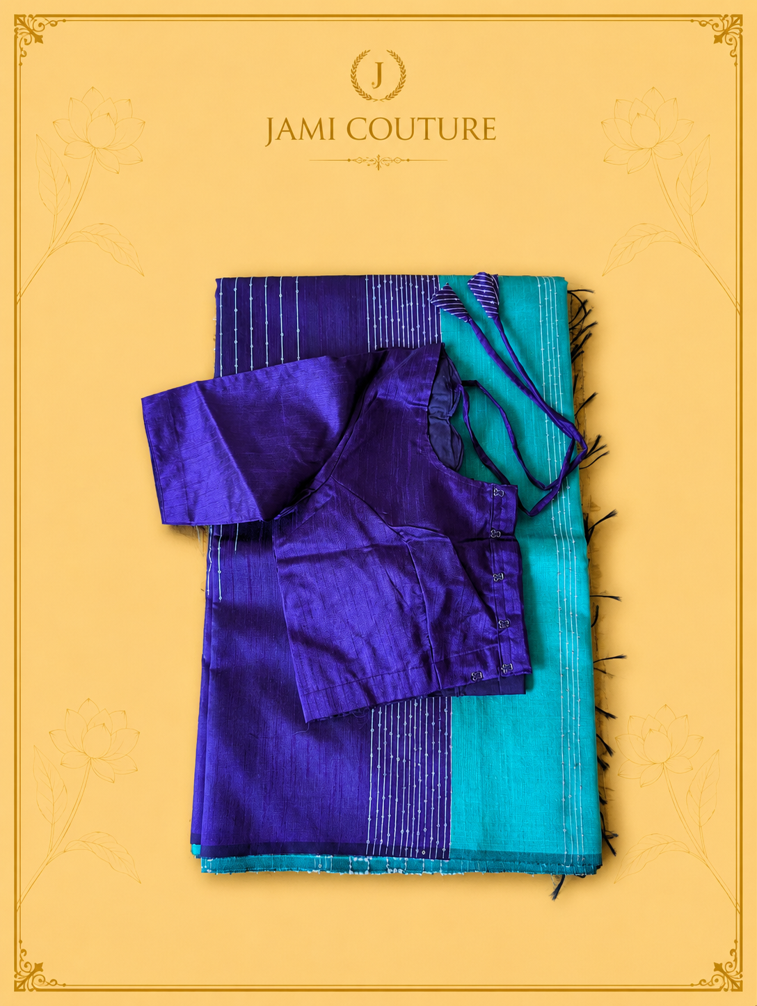 Purple & Turquoise Color-Block Party Wear Silk Saree with Fringe Tassels | Matching Purple Blouse