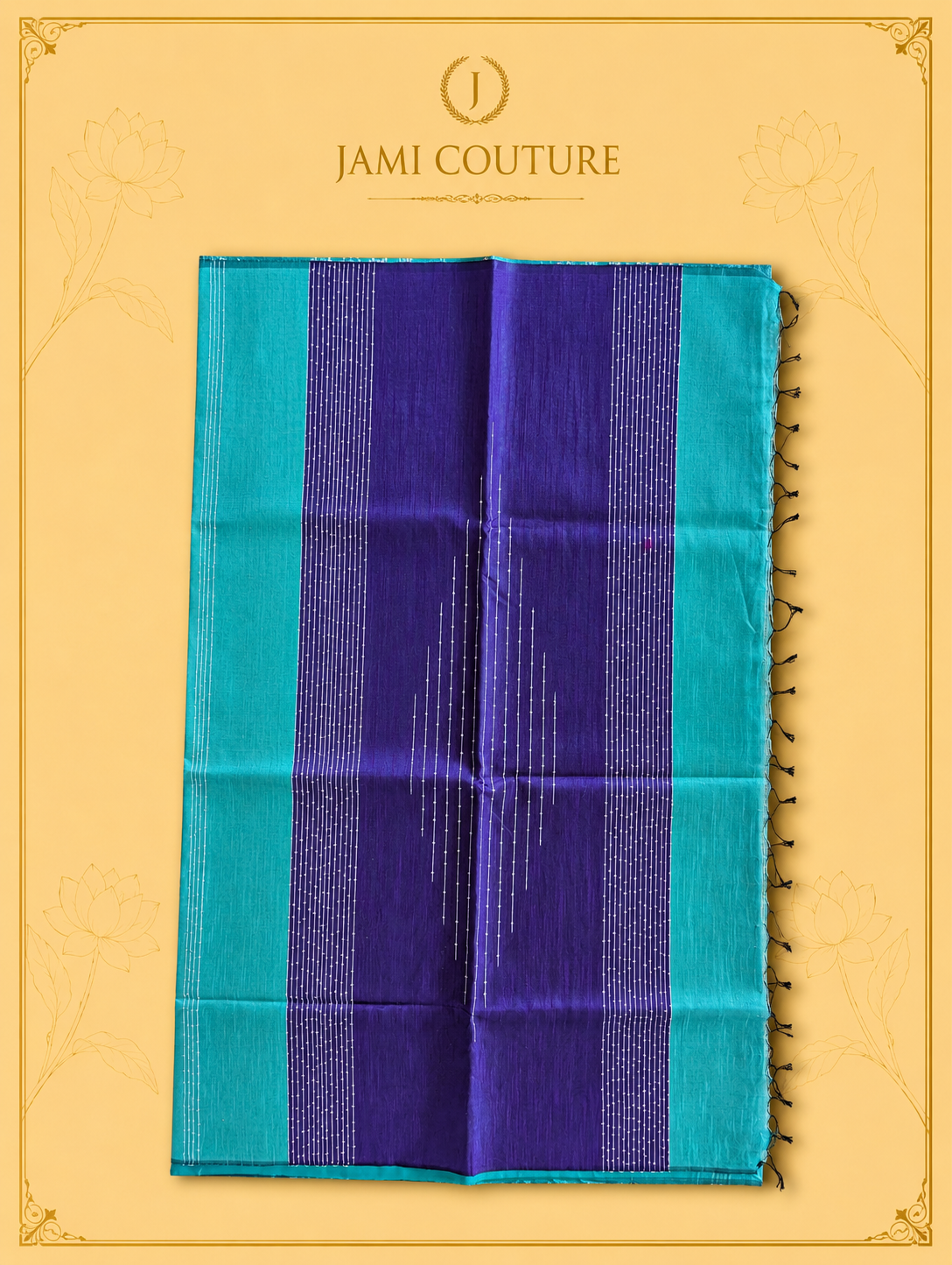 Purple & Turquoise Color-Block Party Wear Silk Saree with Fringe Tassels | Matching Purple Blouse