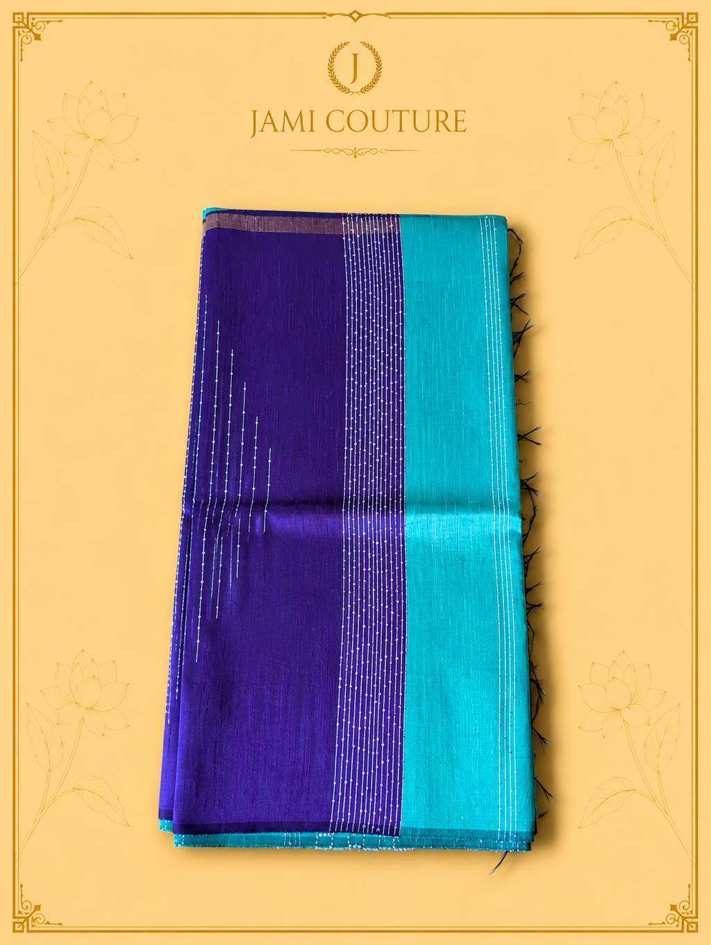 Purple & Turquoise Color-Block Party Wear Silk Saree with Fringe Tassels | Matching Purple Blouse