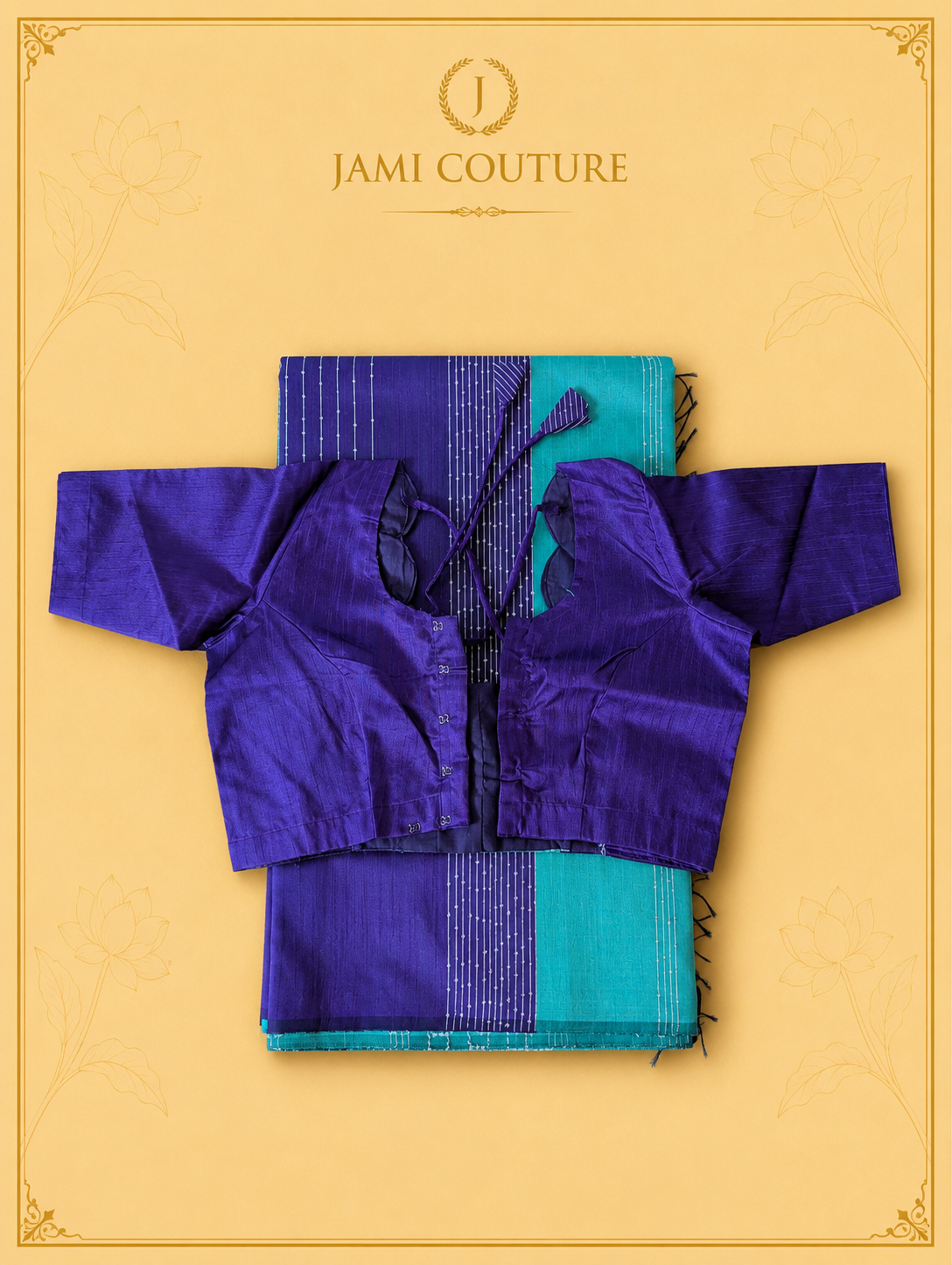 Purple & Turquoise Color-Block Party Wear Silk Saree with Fringe Tassels | Matching Purple Blouse