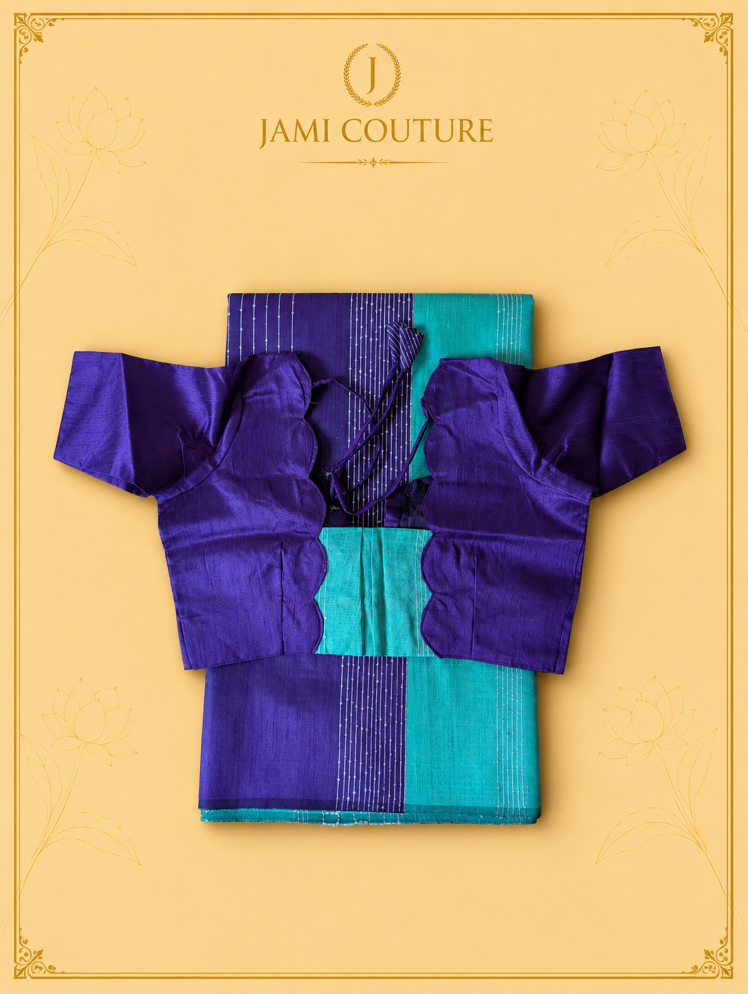 Purple & Turquoise Color-Block Party Wear Silk Saree with Fringe Tassels | Matching Purple Blouse