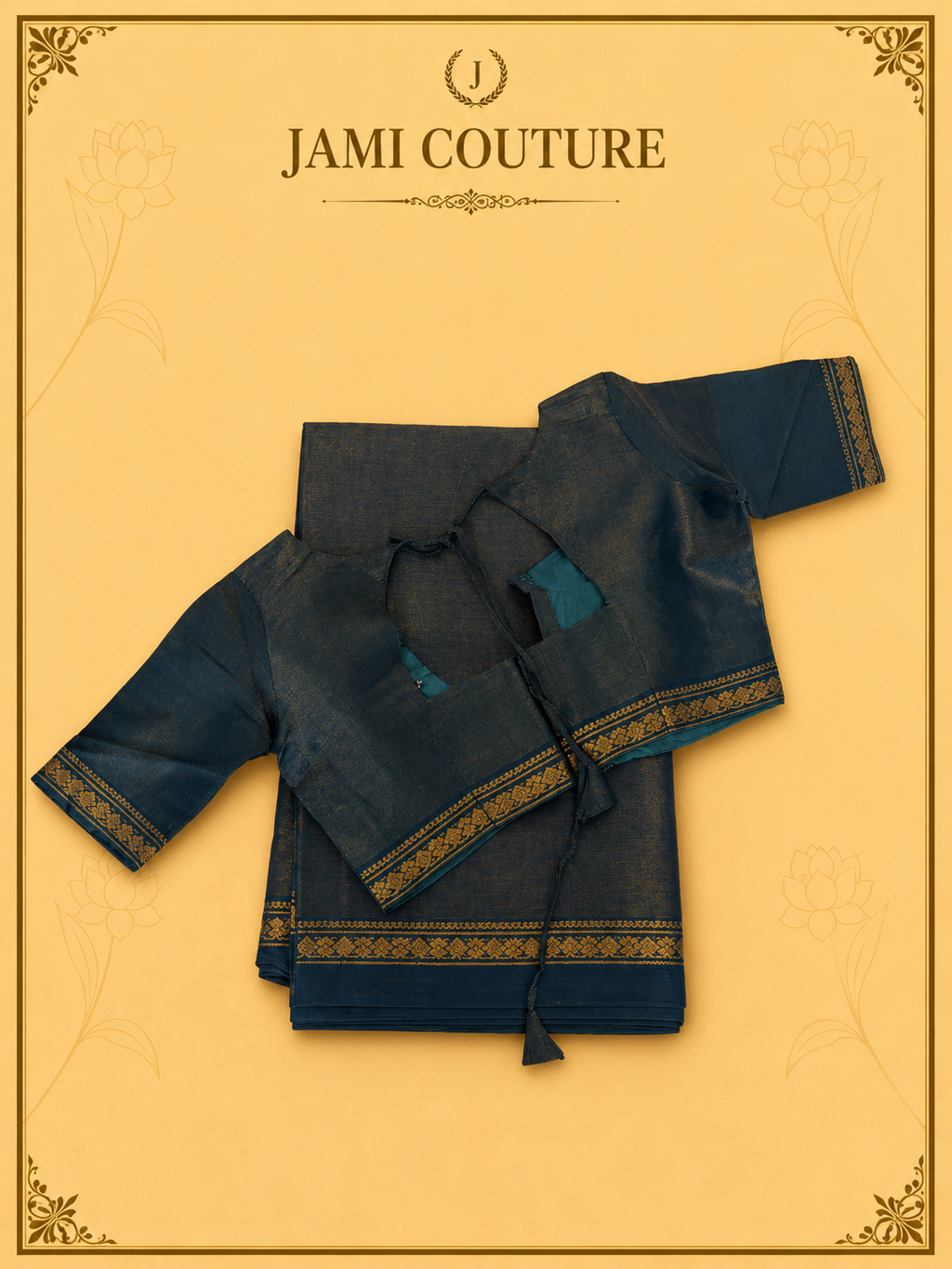 Peacock Teal Diamond Needle Weave Saree with Zari Diamond Border | Matching Zari Blouse