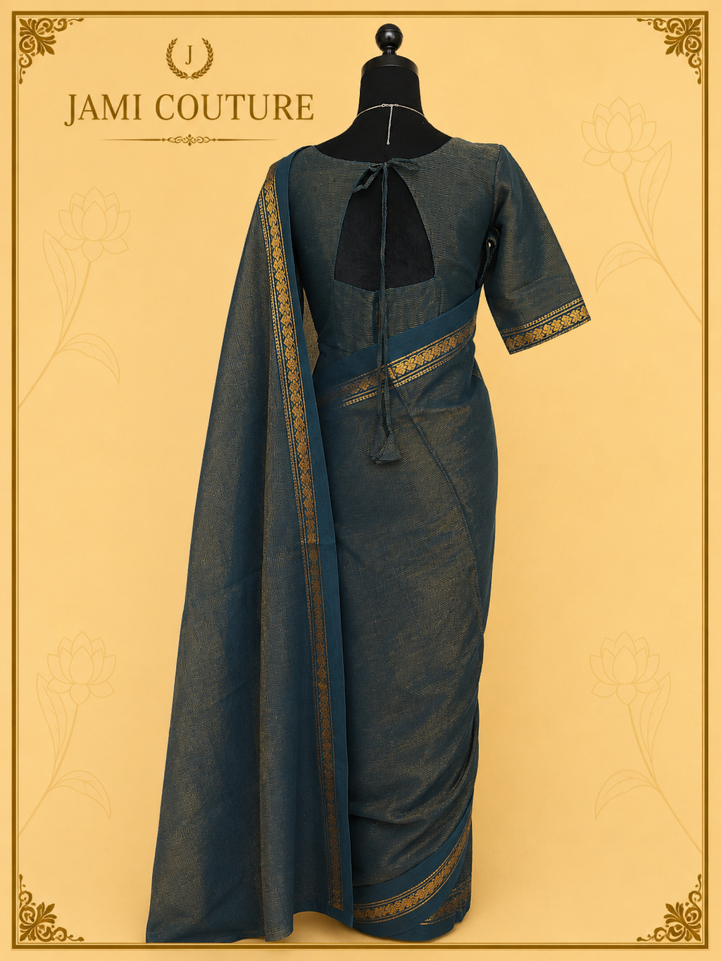 Peacock Teal Diamond Needle Weave Saree with Zari Diamond Border | Matching Zari Blouse
