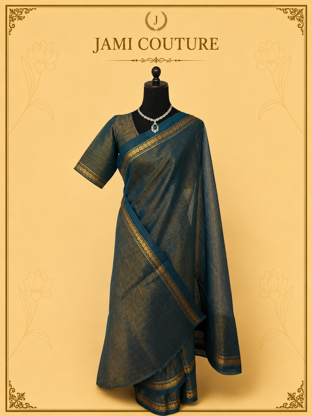 Peacock Teal Diamond Needle Weave Saree with Zari Diamond Border | Matching Zari Blouse