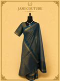 Peacock Teal Diamond Needle Weave Saree with Zari Diamond Border | Matching Zari Blouse