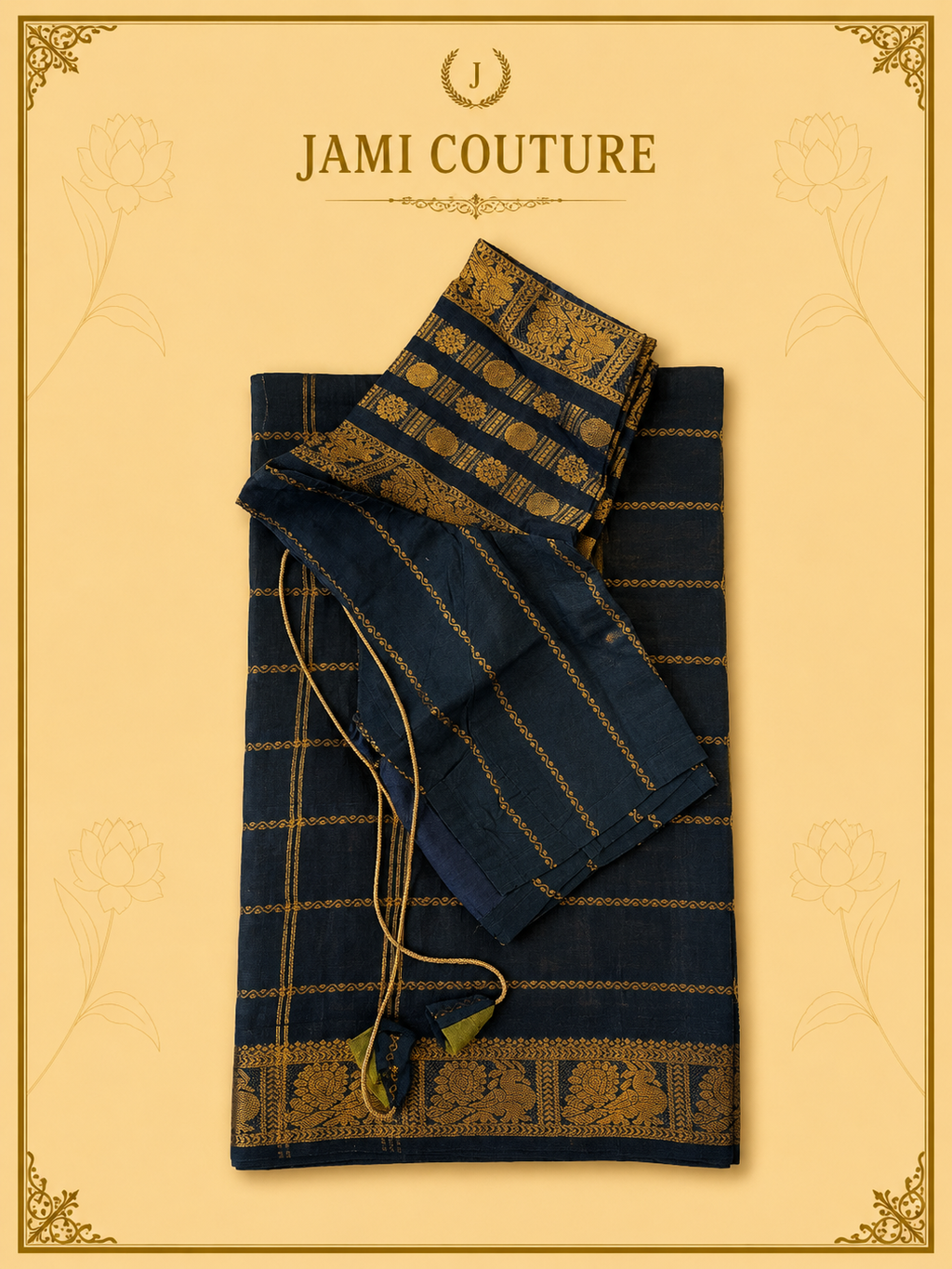 Olive Green & Black Silk Cotton Saree with Peacock Motif Border | Contrast Black Zari Blouse
