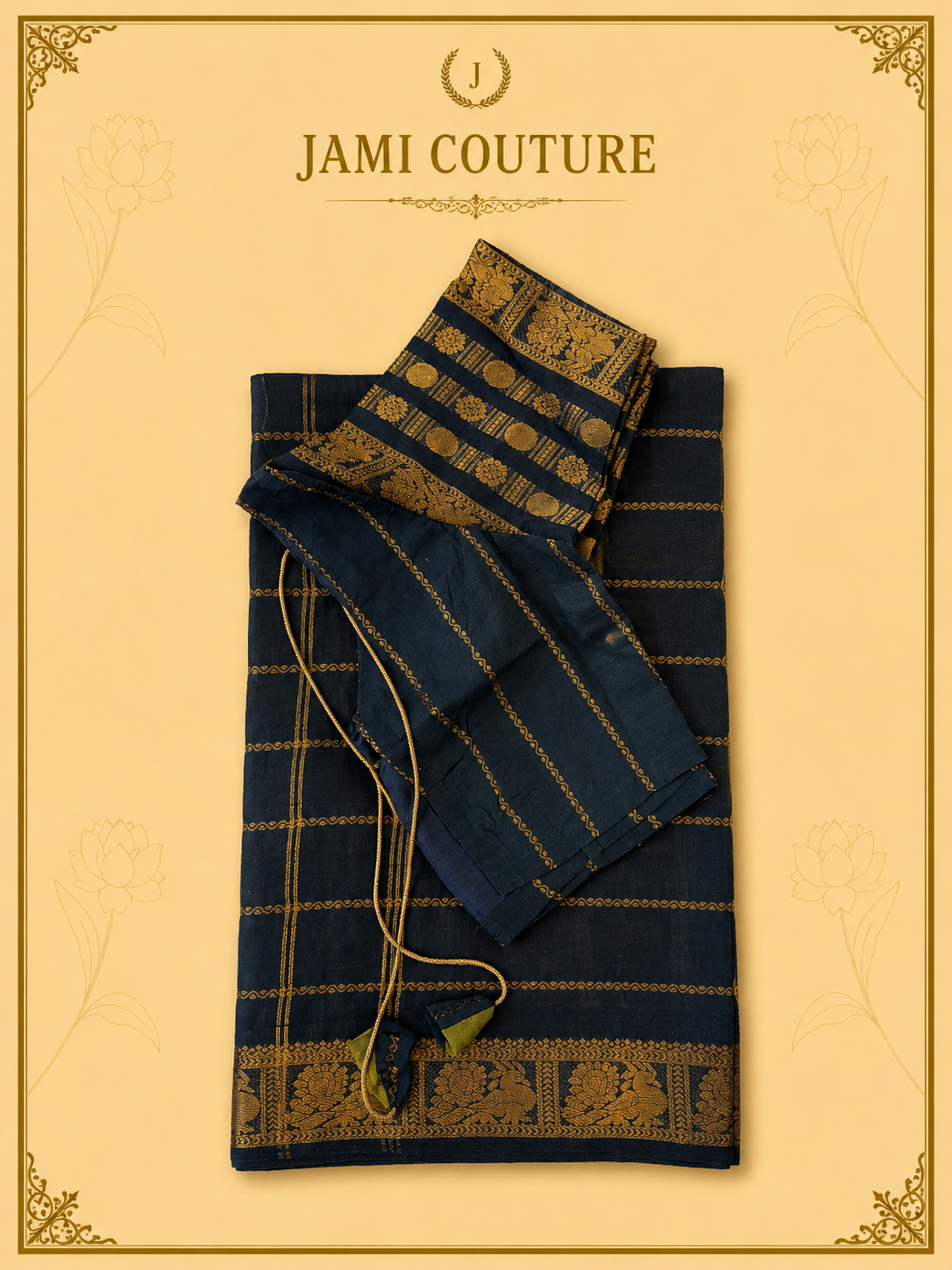 Olive Green & Black Silk Cotton Saree with Peacock Motif Border | Contrast Black Zari Blouse