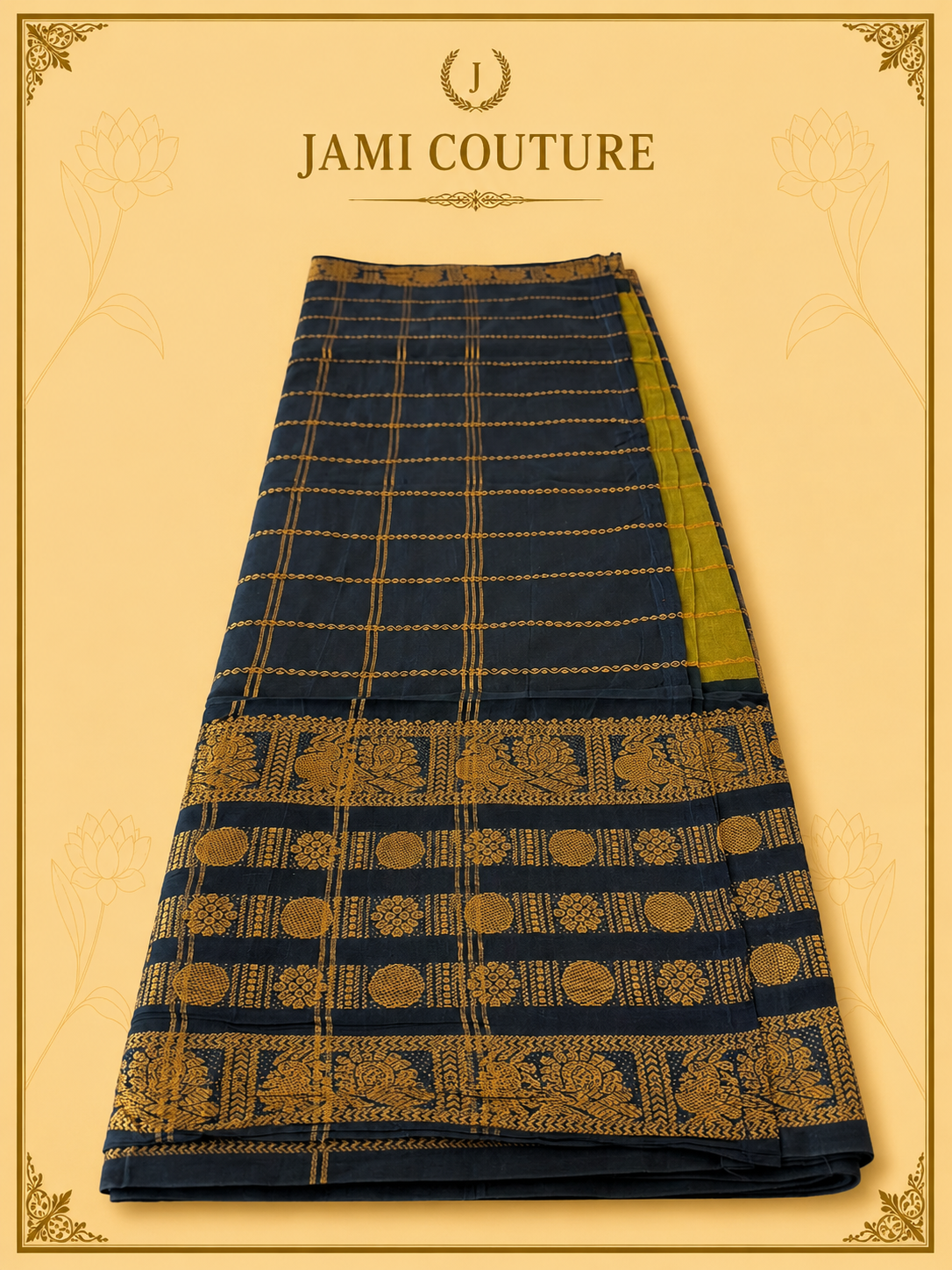 Olive Green & Black Silk Cotton Saree with Peacock Motif Border | Contrast Black Zari Blouse