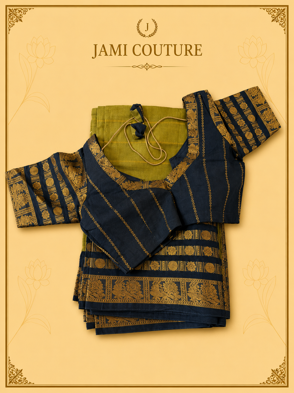 Olive Green & Black Silk Cotton Saree with Peacock Motif Border | Contrast Black Zari Blouse