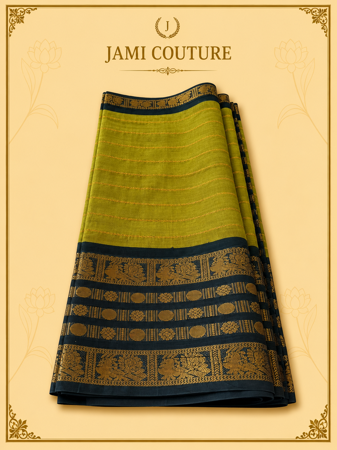 Olive Green & Black Silk Cotton Saree with Peacock Motif Border | Contrast Black Zari Blouse