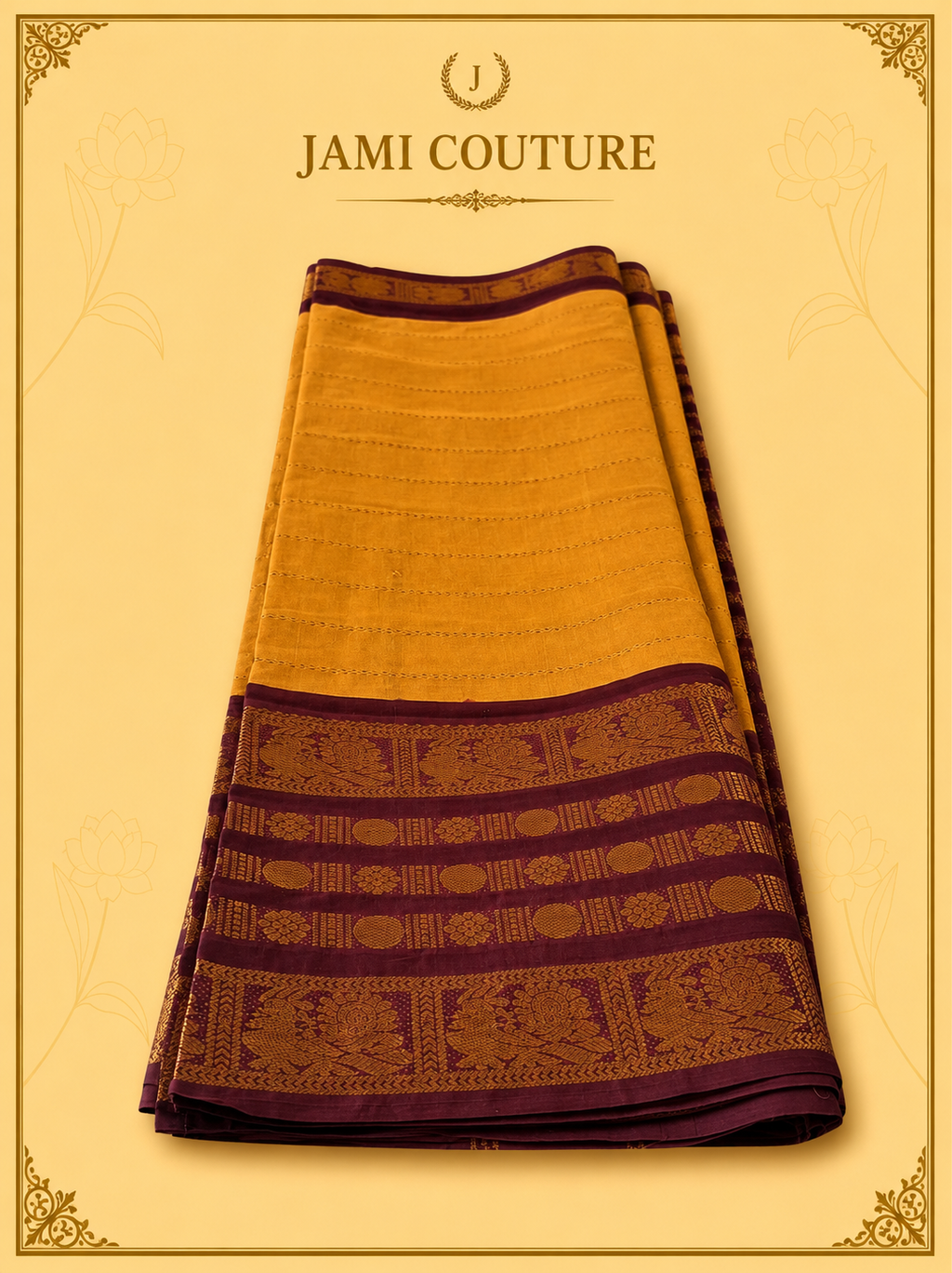 Mustard Yellow & Wine Silk Cotton Saree with Peacock Motif Border | Contrast Wine Zari Blouse