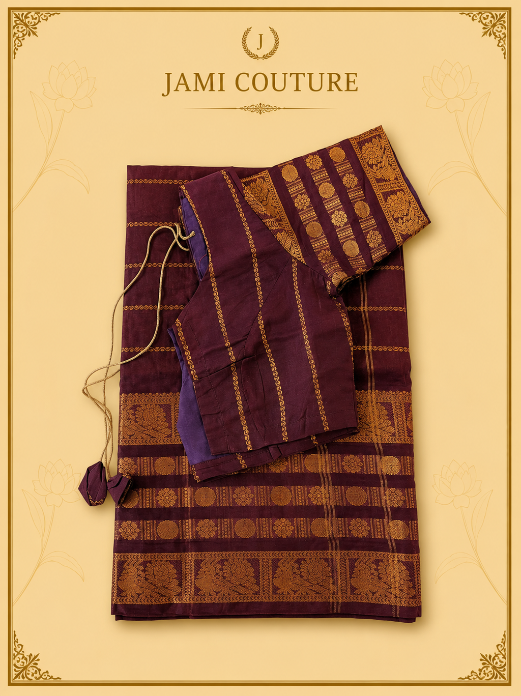 Mustard Yellow & Wine Silk Cotton Saree with Peacock Motif Border | Contrast Wine Zari Blouse