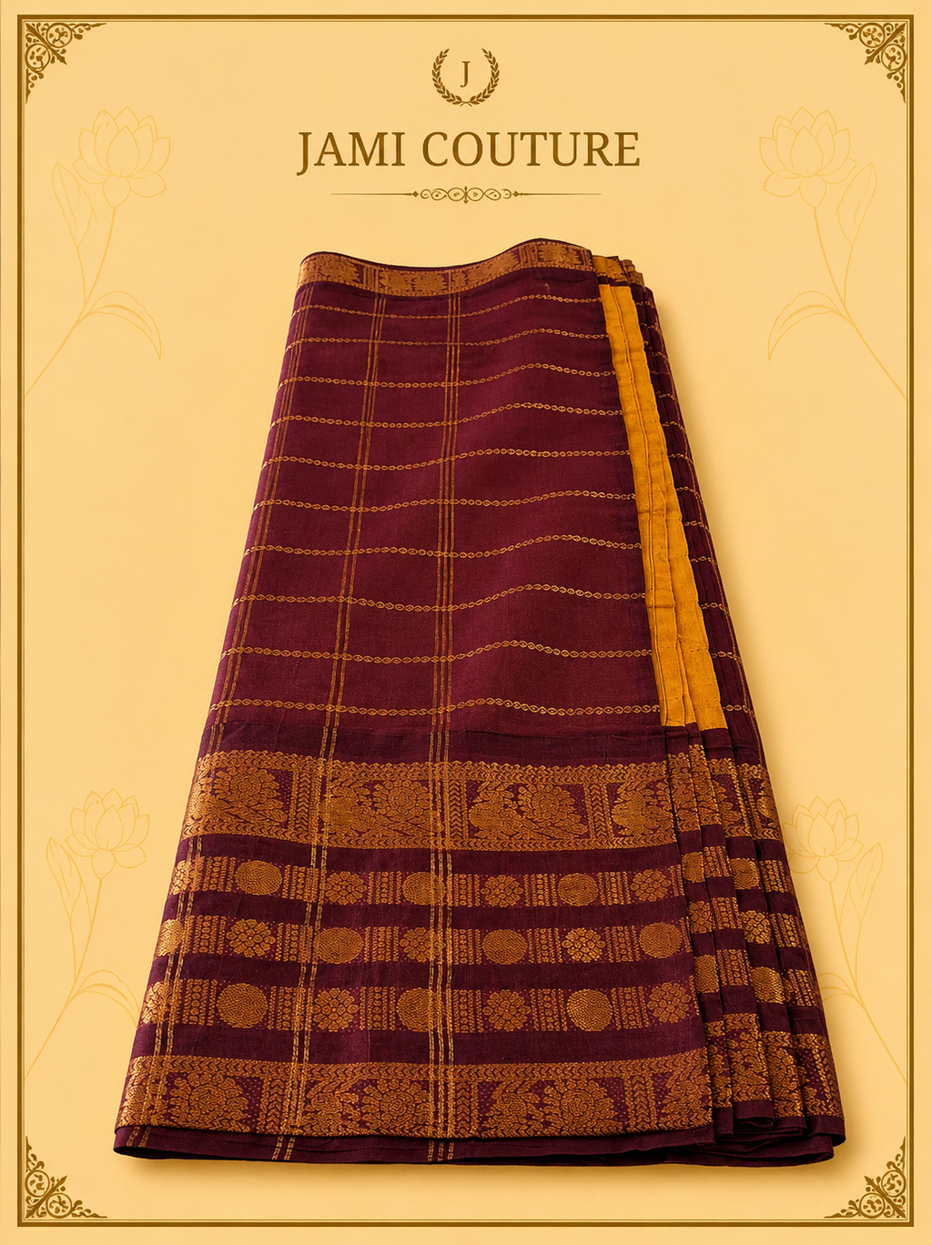 Mustard Yellow & Wine Silk Cotton Saree with Peacock Motif Border | Contrast Wine Zari Blouse