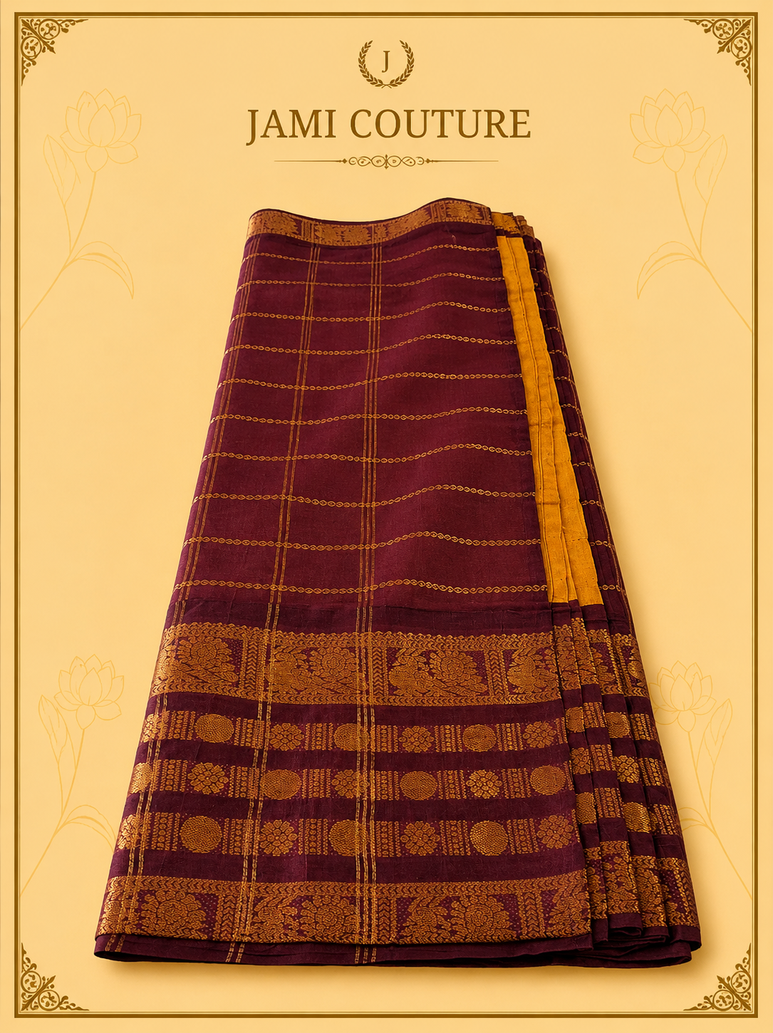 Mustard Yellow & Wine Silk Cotton Saree with Peacock Motif Border | Contrast Wine Zari Blouse