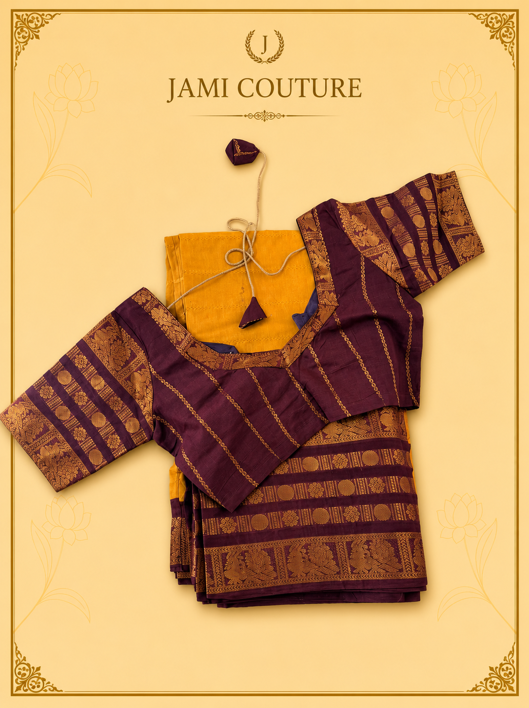 Mustard Yellow & Wine Silk Cotton Saree with Peacock Motif Border | Contrast Wine Zari Blouse