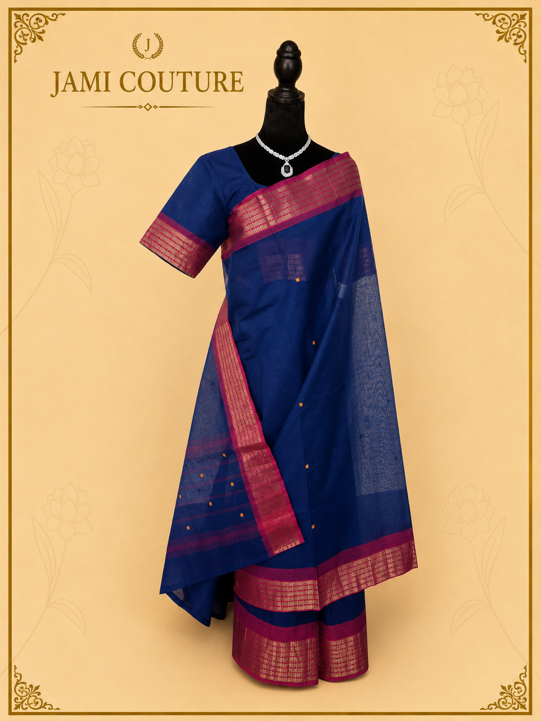 Navy Blue Silk Cotton Handloom Saree with Red & Gold Border