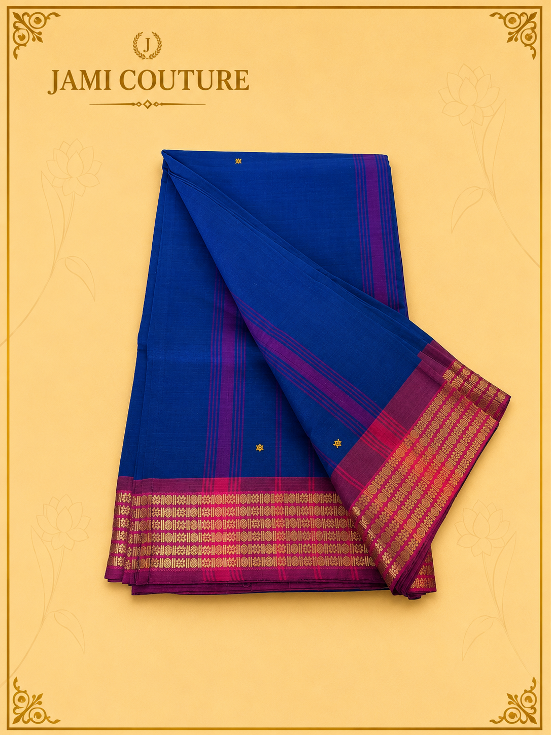 Navy Blue Silk Cotton Handloom Saree with Red & Gold Border