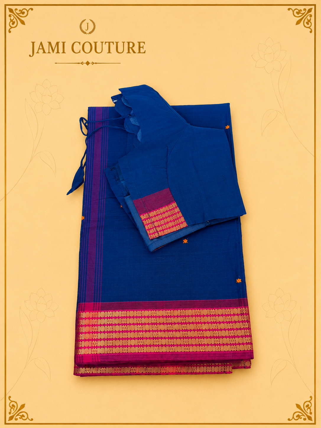 Navy Blue Silk Cotton Handloom Saree with Red & Gold Border