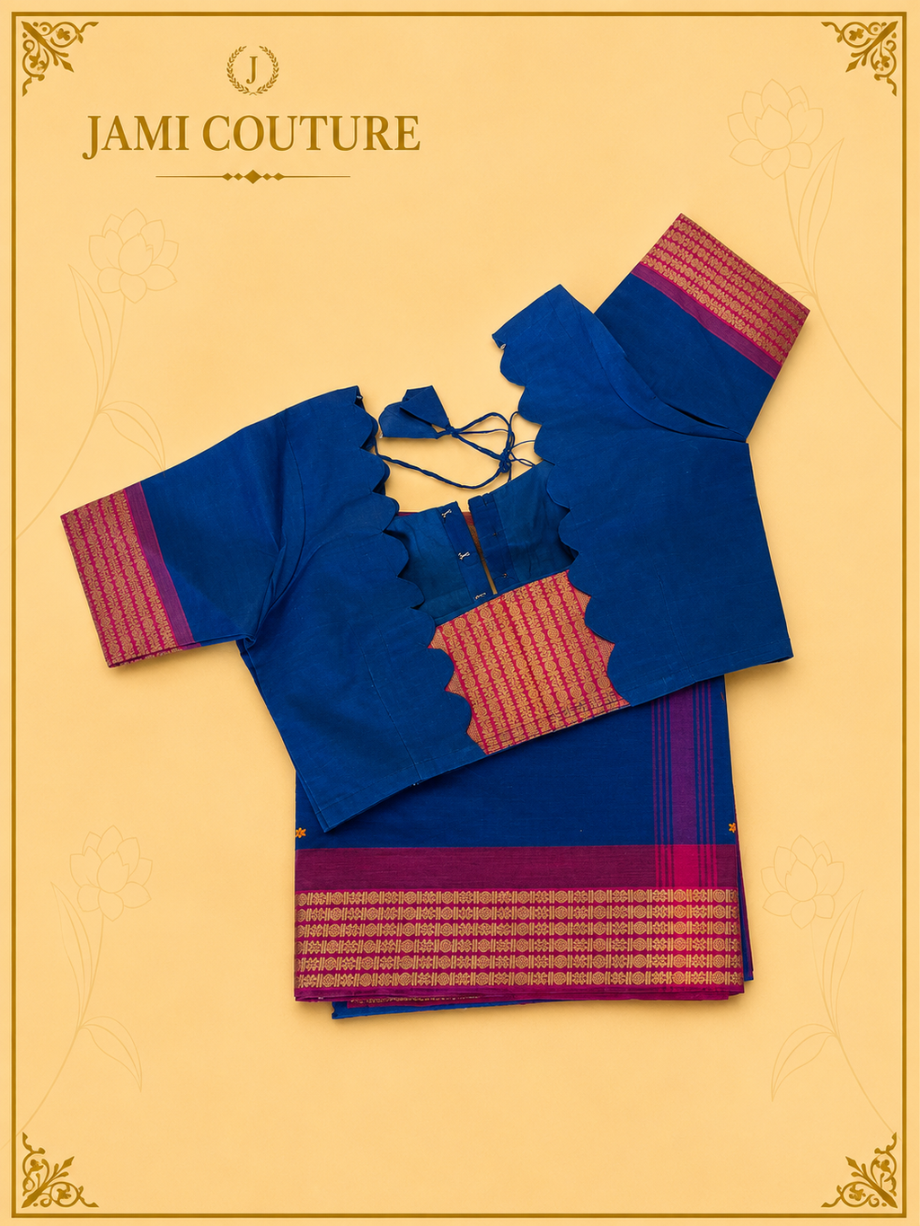 Navy Blue Silk Cotton Handloom Saree with Red & Gold Border