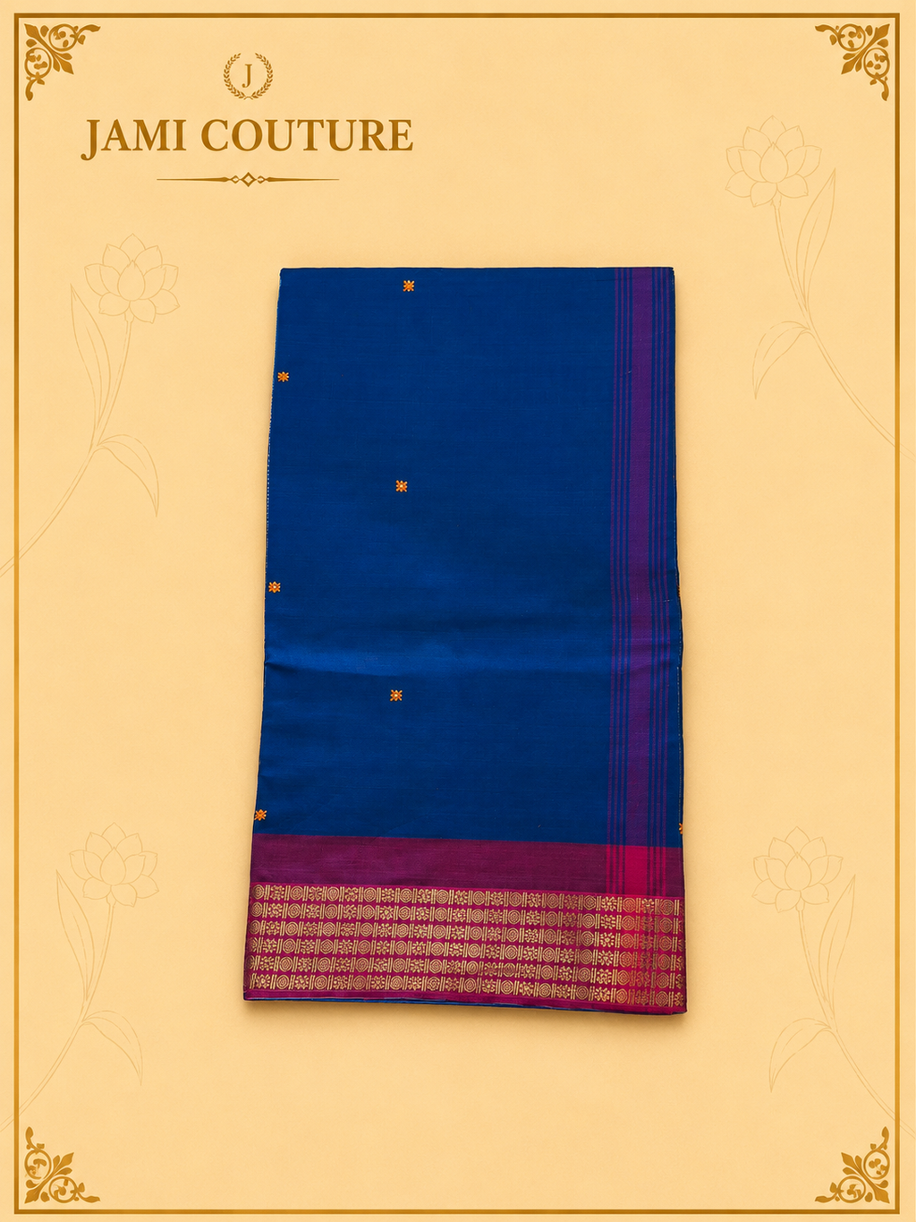 Navy Blue Silk Cotton Handloom Saree with Red & Gold Border
