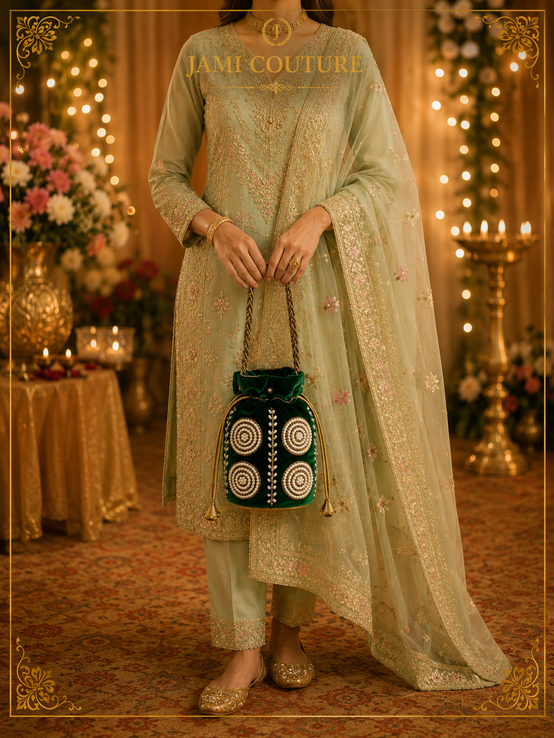 Green and Gold-Toned Embellished Potli Clutch