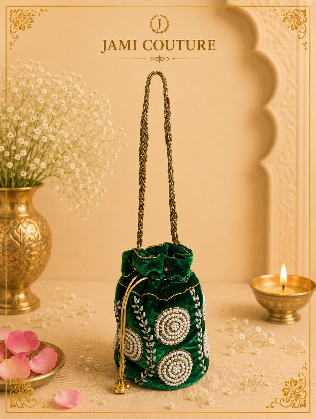 Green and Gold-Toned Embellished Potli Clutch