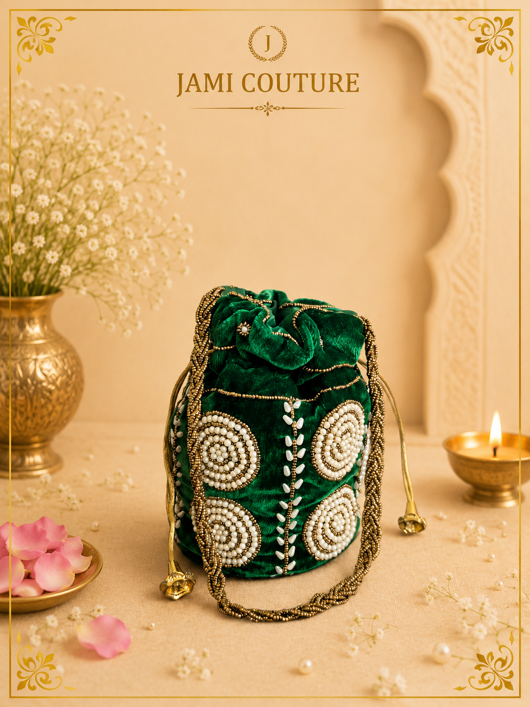 Green and Gold-Toned Embellished Potli Clutch