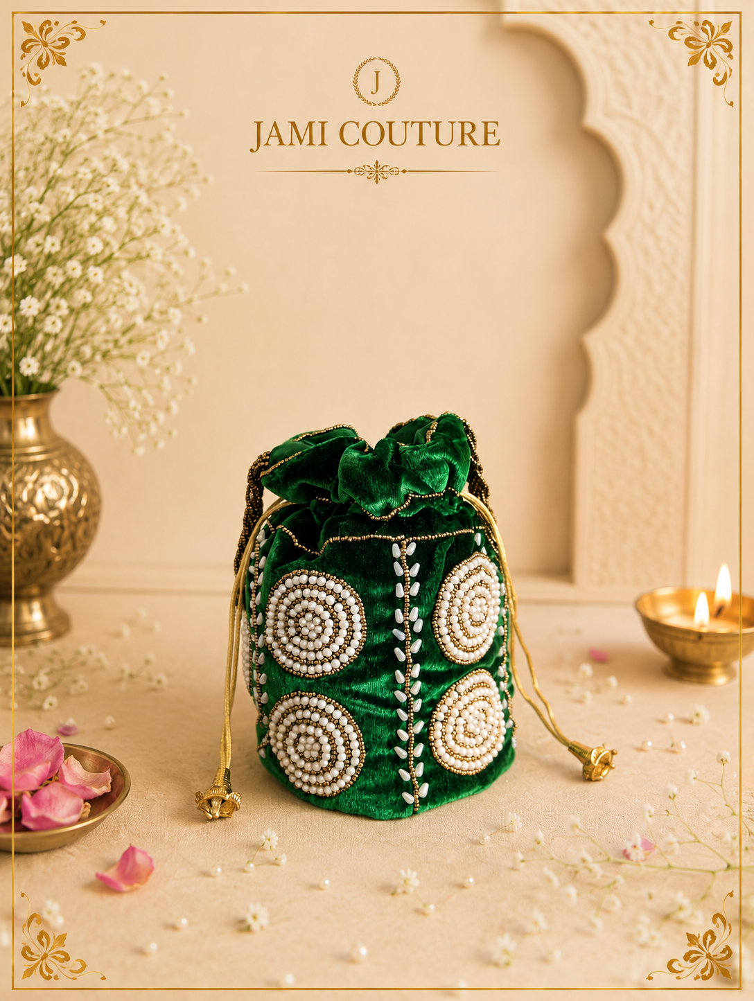 Green and Gold-Toned Embellished Potli Clutch