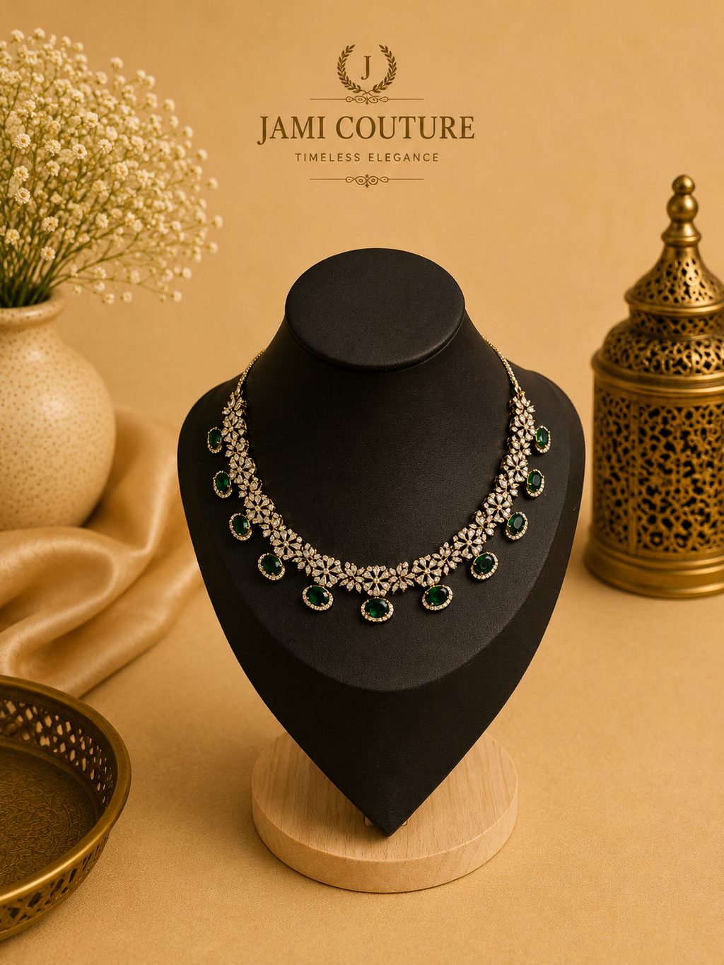 Emerald Green Floral Diamond Necklace Set with Matching Earrings | Silver-Toned Statement Jewelry
