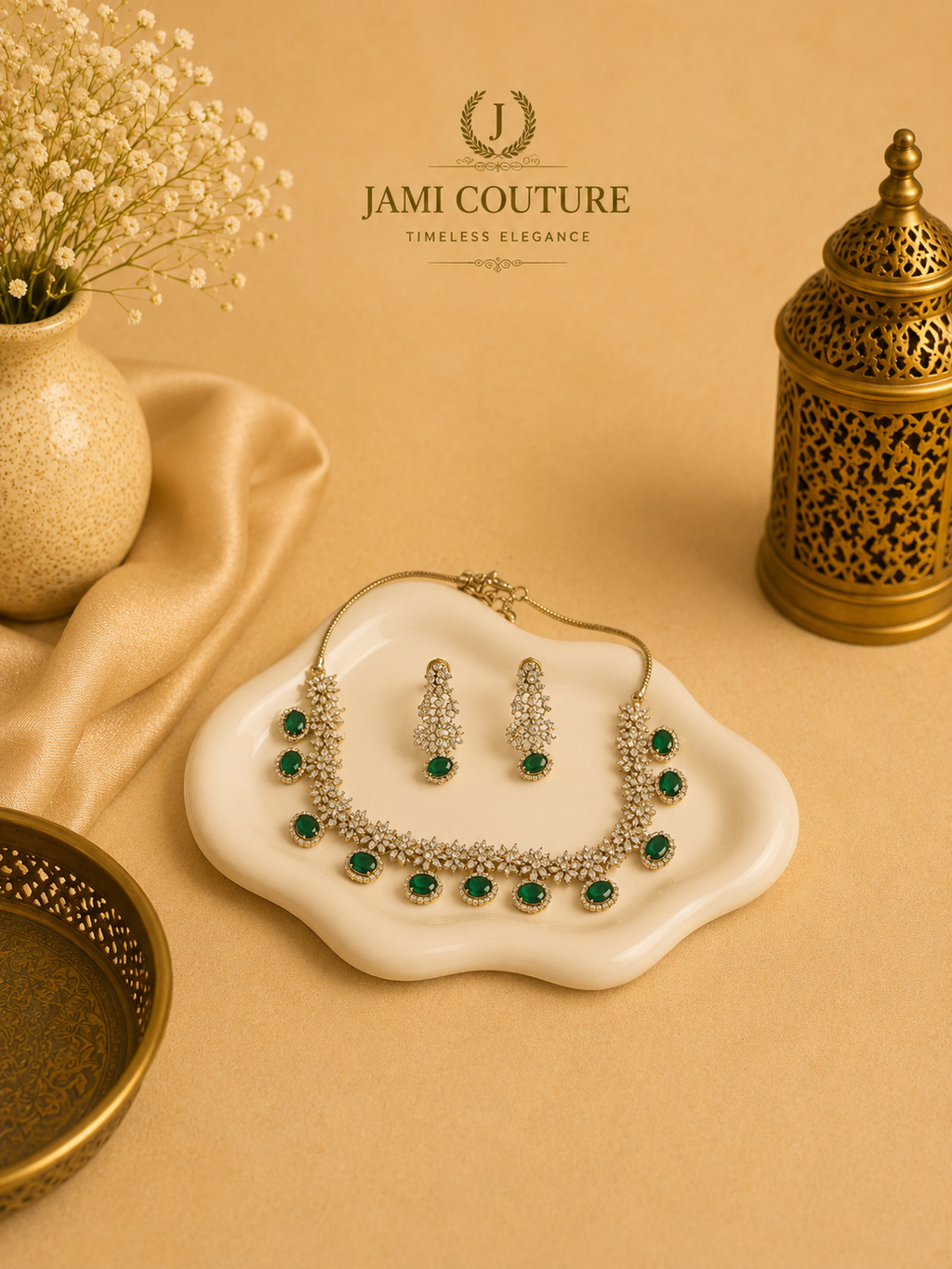 Emerald Green Floral Diamond Necklace Set with Matching Earrings | Silver-Toned Statement Jewelry