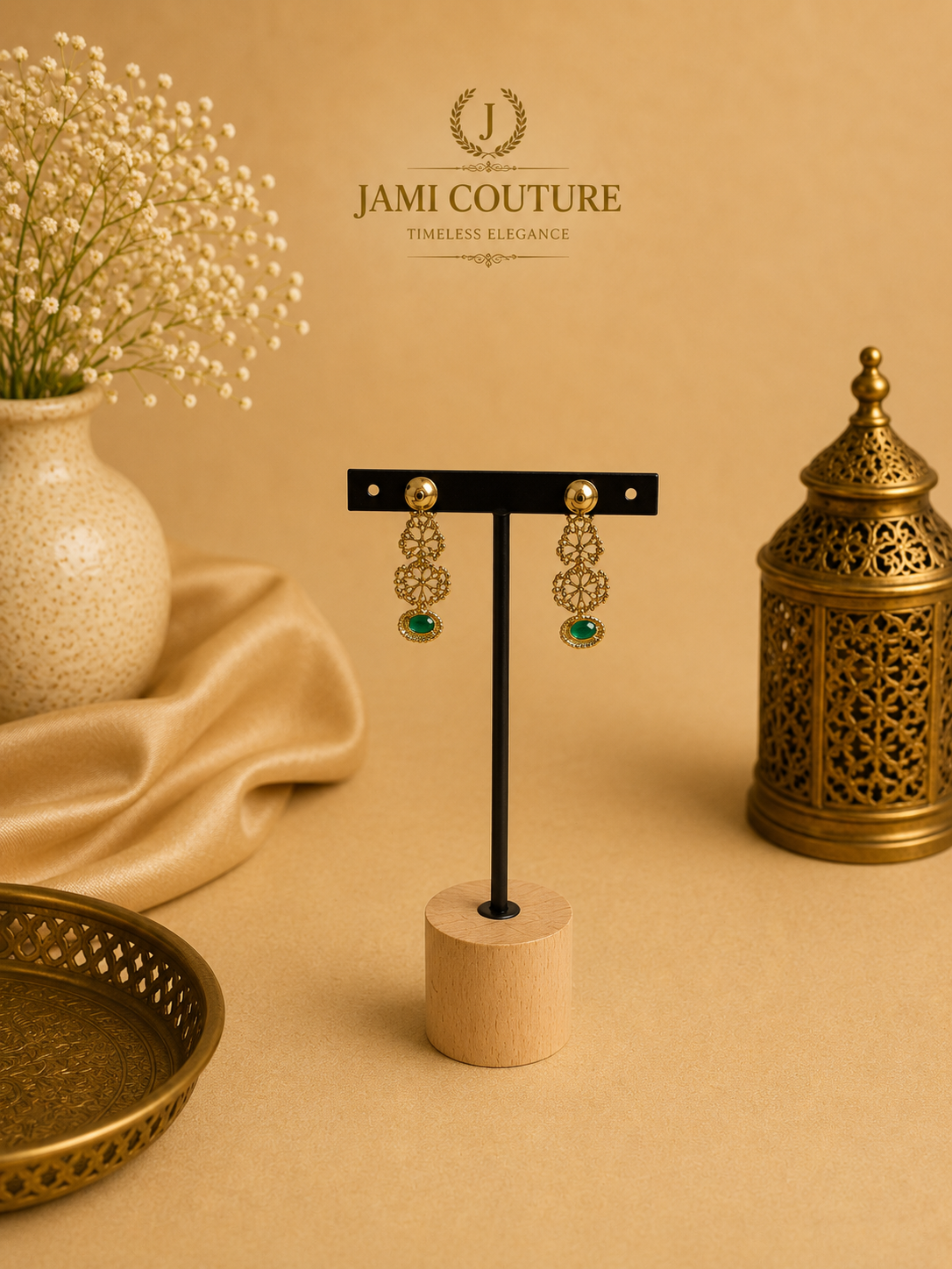 Emerald Green Floral Diamond Necklace Set with Matching Earrings | Silver-Toned Statement Jewelry