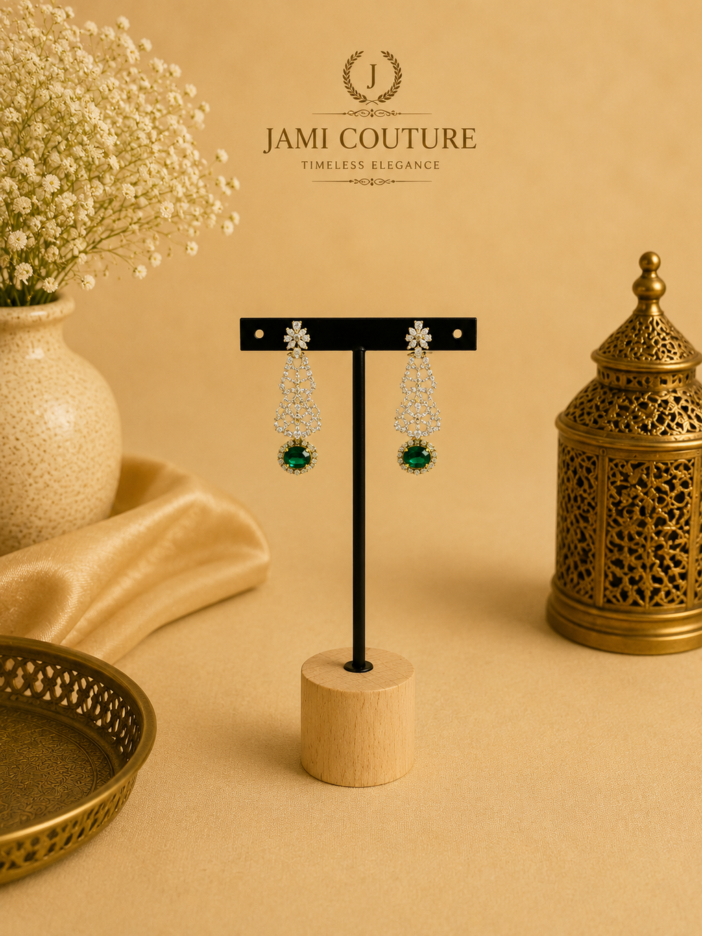 Emerald Green Floral Diamond Necklace Set with Matching Earrings | Silver-Toned Statement Jewelry