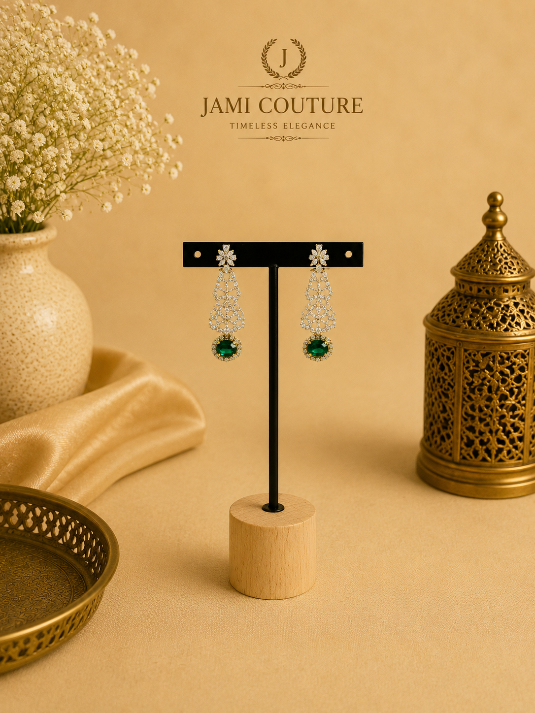 Emerald Green Floral Diamond Necklace Set with Matching Earrings | Silver-Toned Statement Jewelry