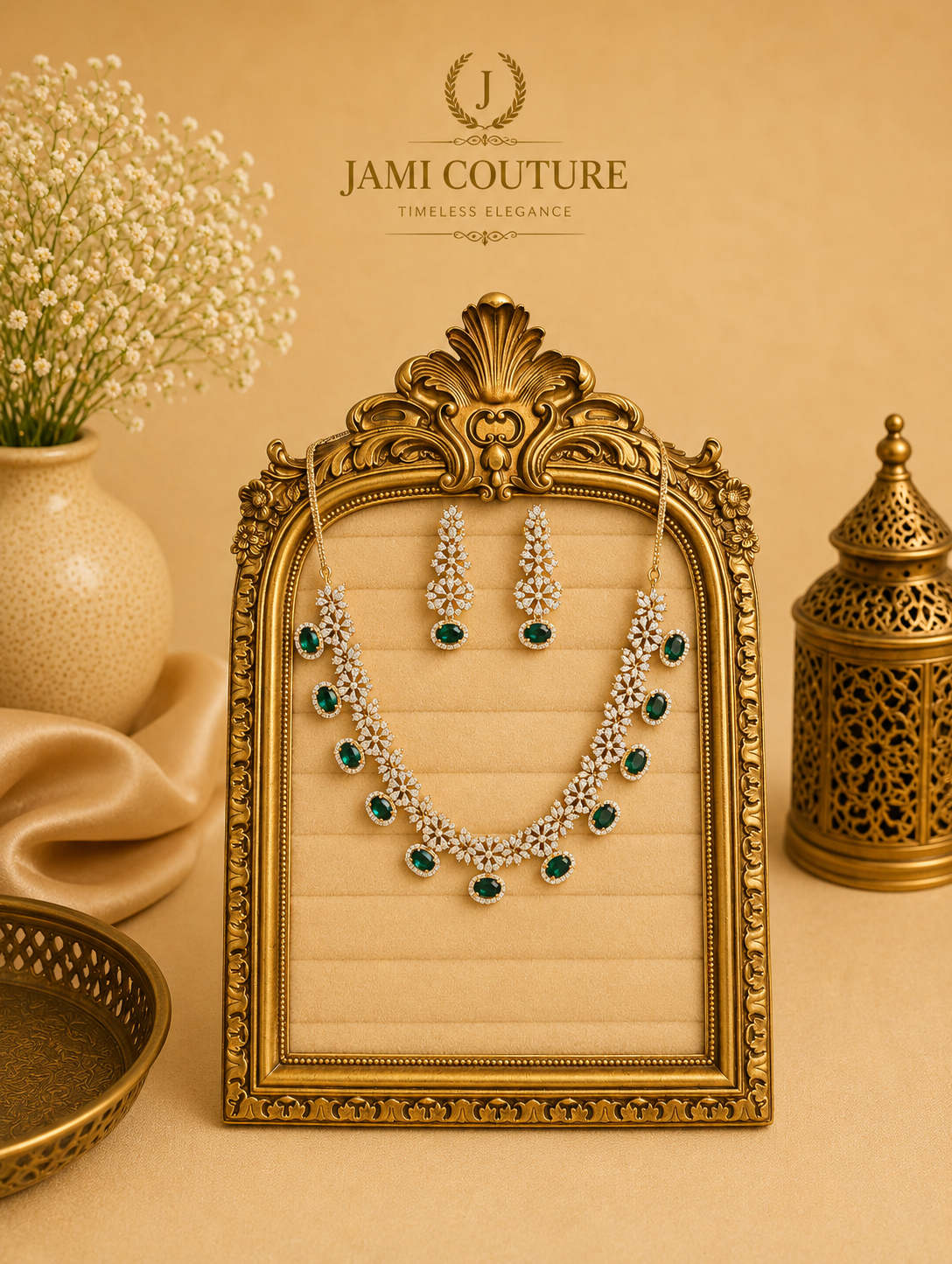 Emerald Green Floral Diamond Necklace Set with Matching Earrings | Silver-Toned Statement Jewelry