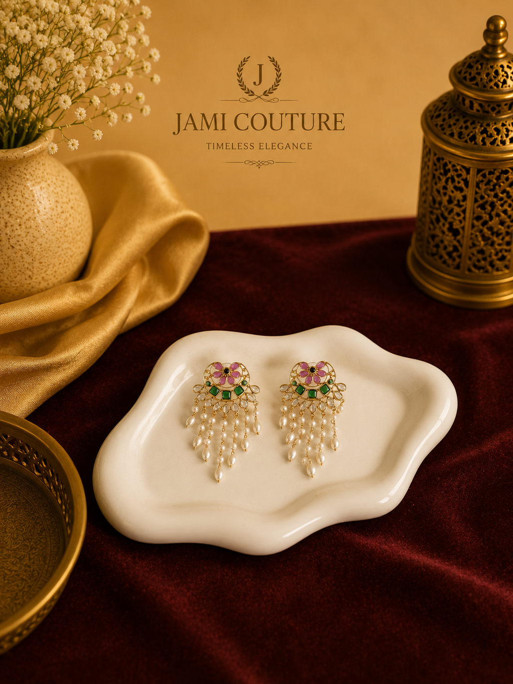 Rose Pink & Emerald Kundan Pearl Chandelier Earrings | Antique Gold-Toned Statement Jewelry