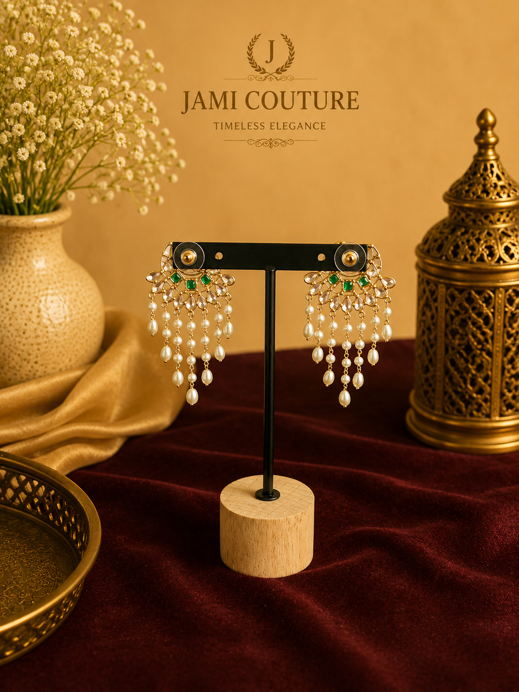 Rose Pink & Emerald Kundan Pearl Chandelier Earrings | Antique Gold-Toned Statement Jewelry