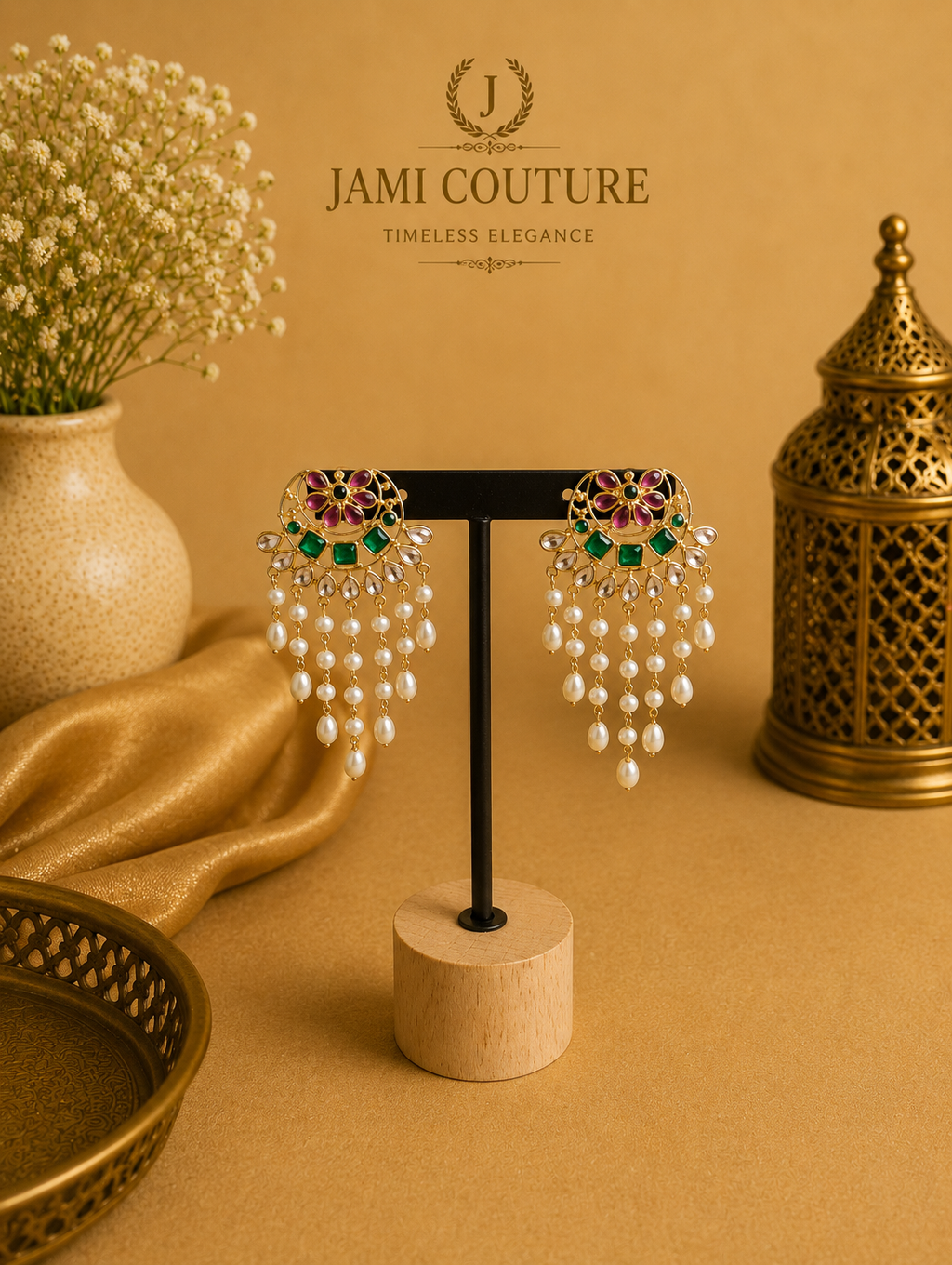 Rose Pink & Emerald Kundan Pearl Chandelier Earrings | Antique Gold-Toned Statement Jewelry
