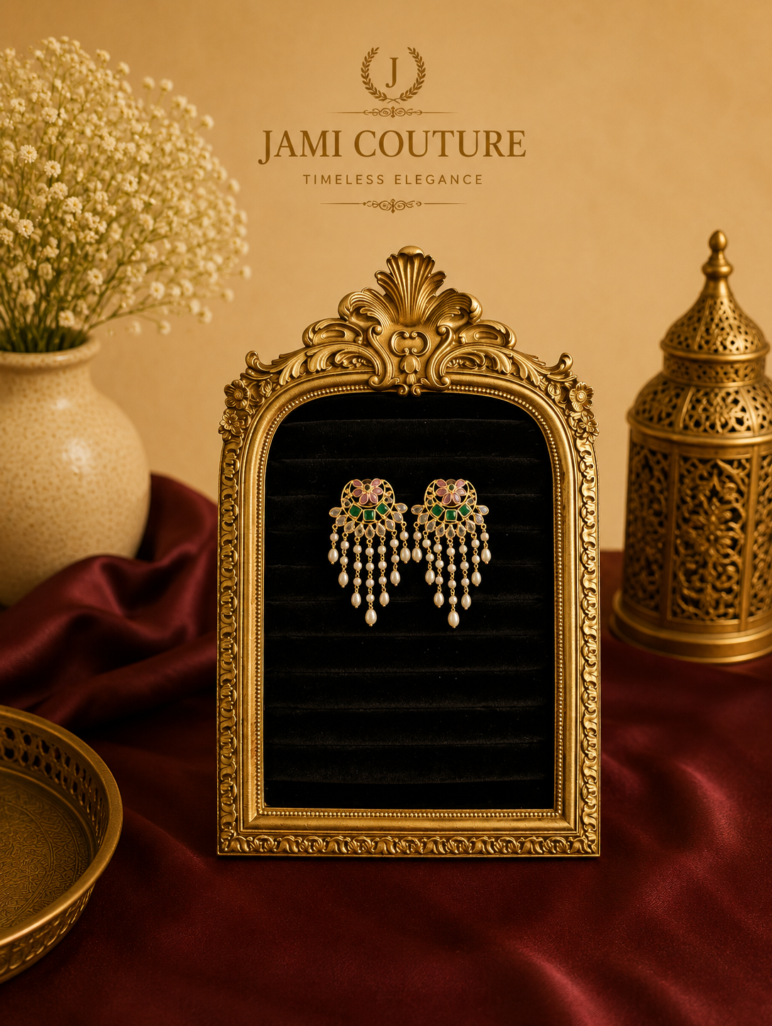 Rose Pink & Emerald Kundan Pearl Chandelier Earrings | Antique Gold-Toned Statement Jewelry