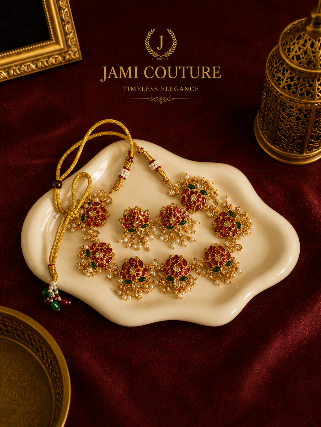 Ruby Red & Emerald Lotus Jadau Necklace Set with Pearl Drops | Antique Gold-Toned Temple Jewelry