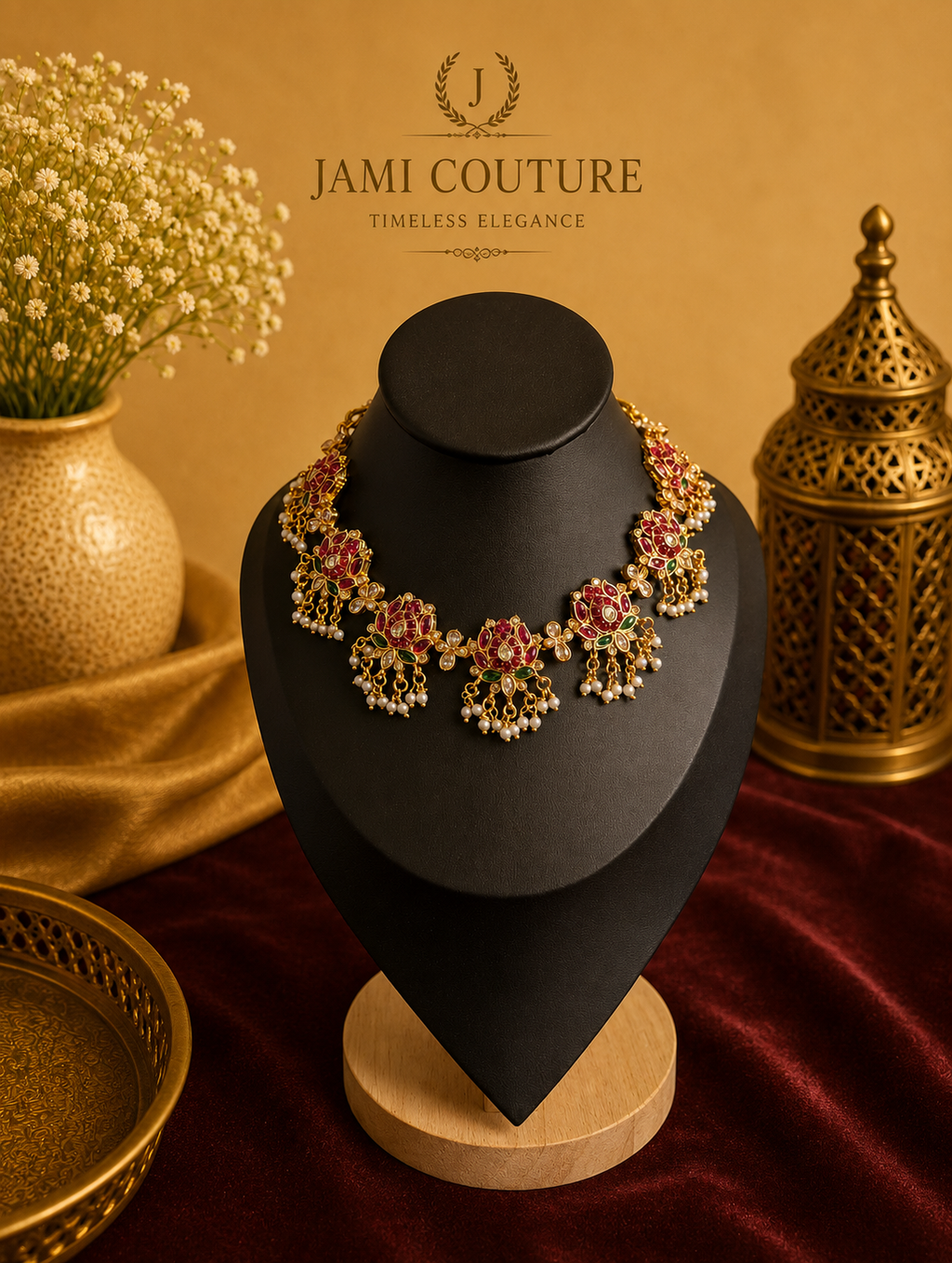 Ruby Red & Emerald Lotus Jadau Necklace Set with Pearl Drops | Antique Gold-Toned Temple Jewelry